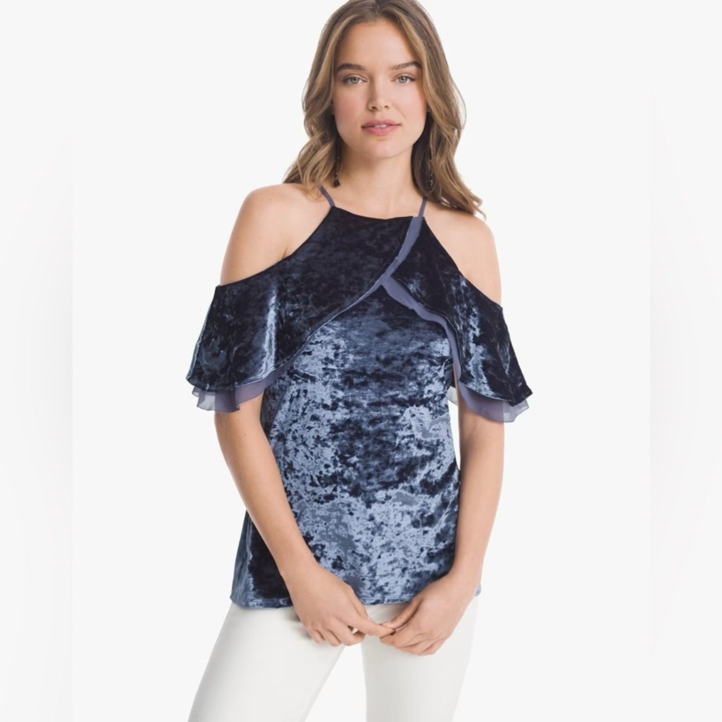 White House black market Short-Sleeve Cold-Shoulder Velvet Flounce Top SZ XL