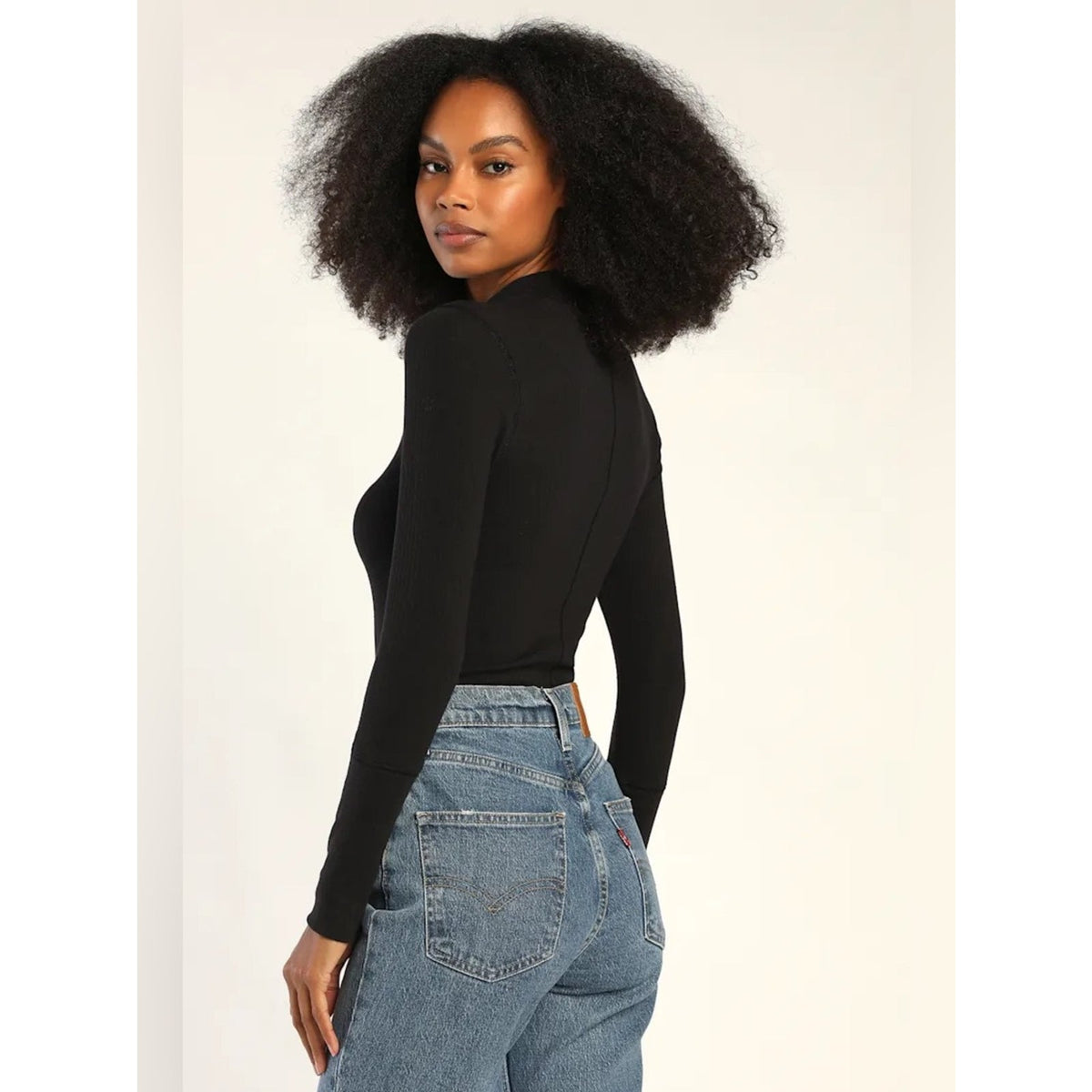 🆕 Free People The Rickie Black Ribbed Mock Neck Long Sleeve Top SZ SM