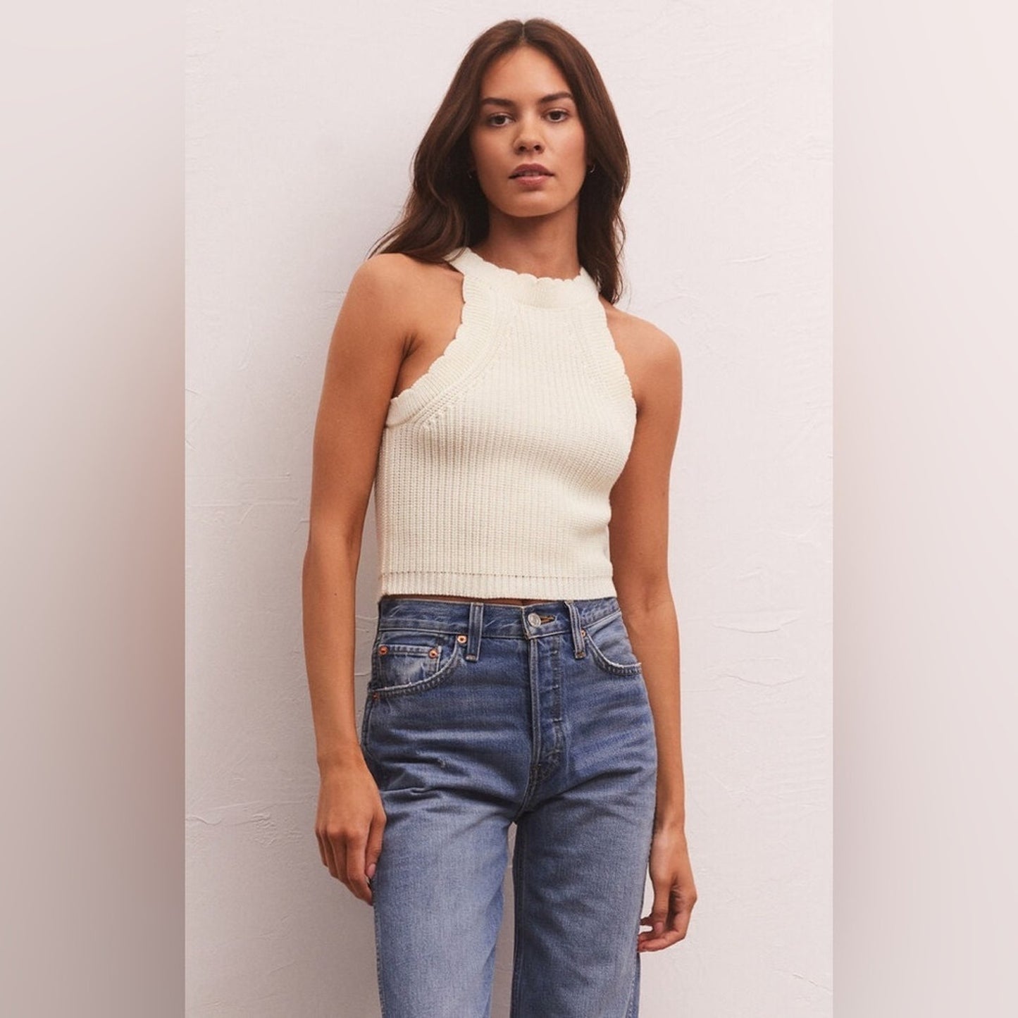 NEW Z Supply Ivory Knit Scalloped sweater Top SZ LG