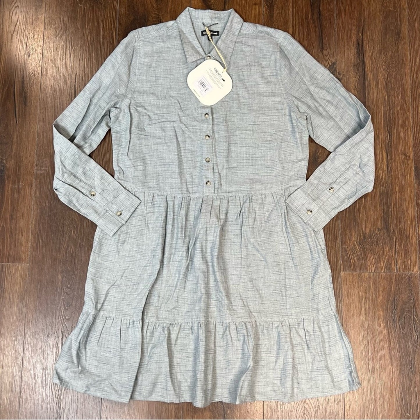 🆕 Toad & Co Reform Tiered Dress with pockets in Blue Slate Spacedye SZ LG