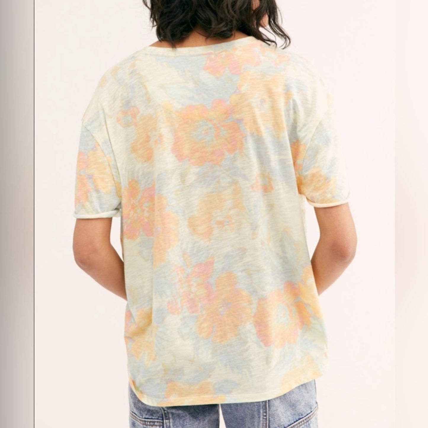 Free people yellow pink floral printed clarity tee top SZ LG