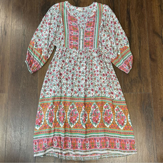 JODIFL green and pink floral midi dress SZ SM