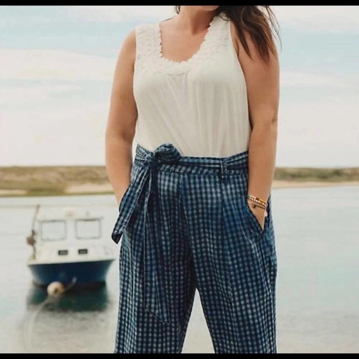 NEW ANTHRO MAEVE gingham picnic bleached slim bow waist pants Size 10