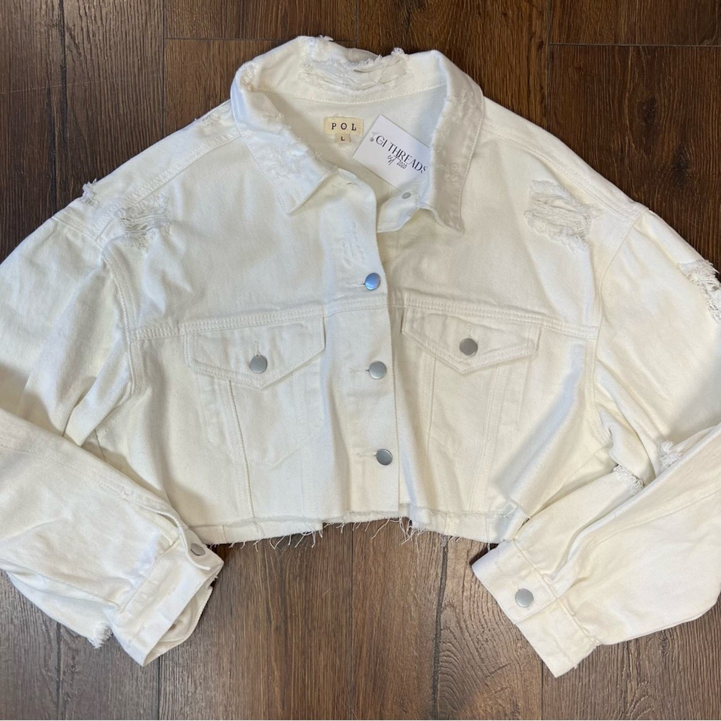 🆕 POL Ivory Cropped Distressed Raw Edge Front Pockets Denim Jacket SZ MED