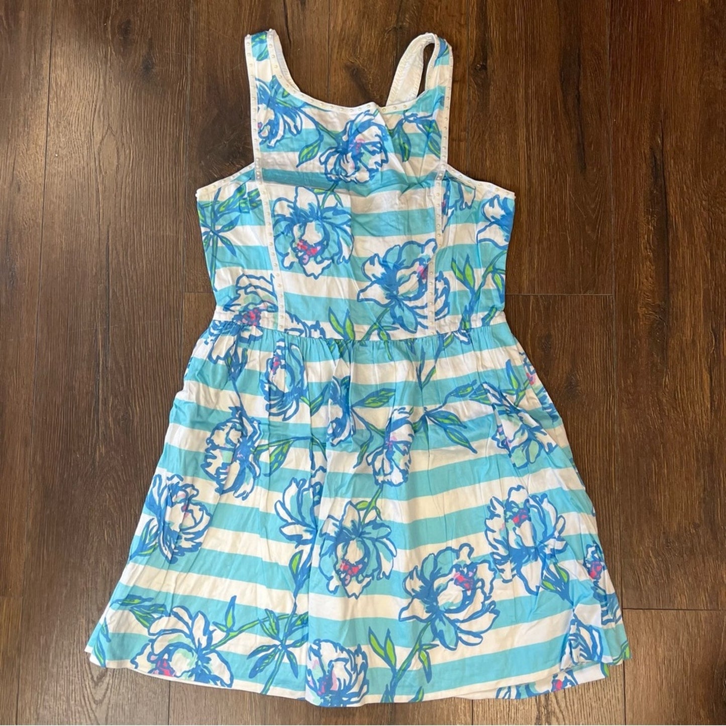 Lilly Pulitzer Sandrine Dress Shorely Blue Floral Striped Tossing The Line SZ 12