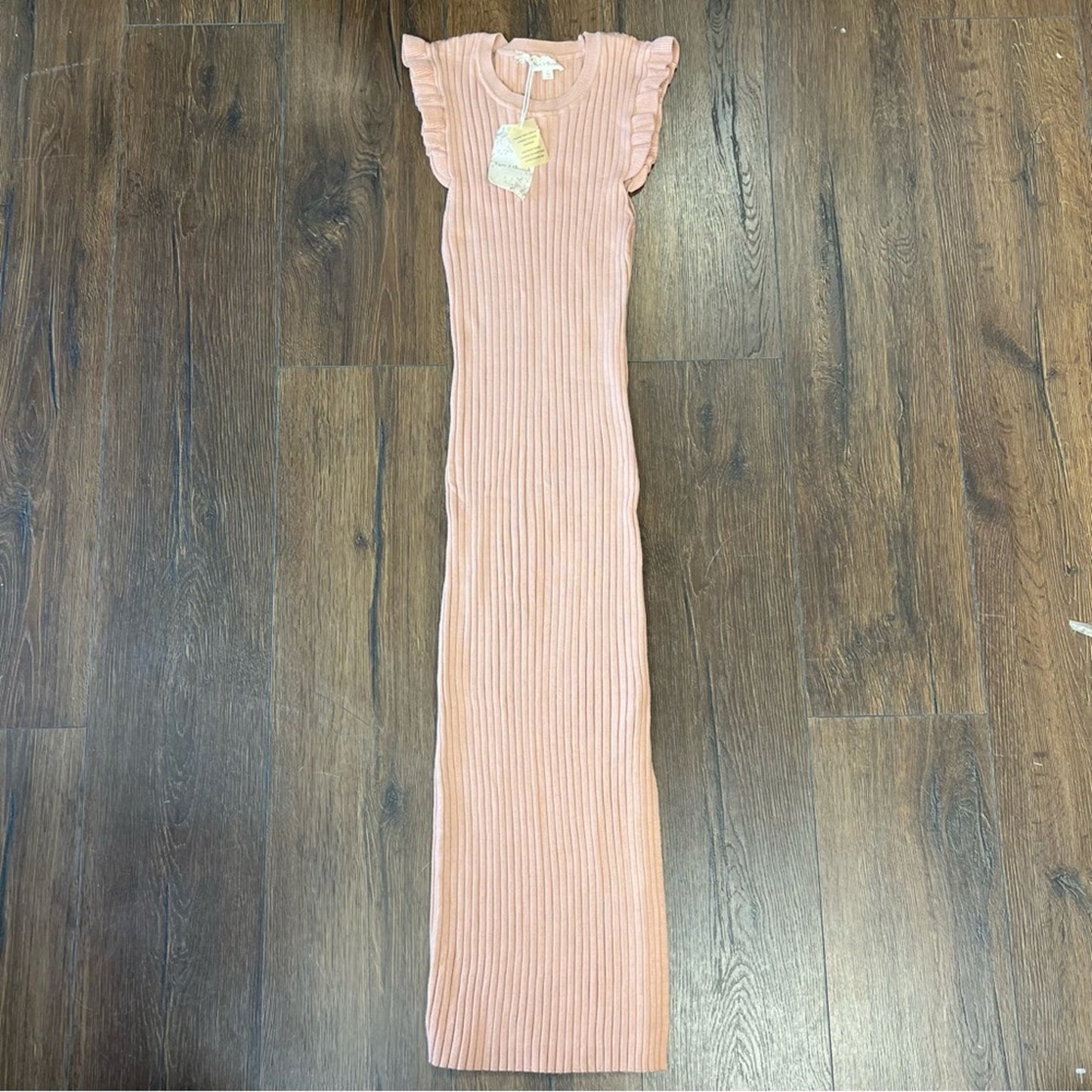 🆕 Hem and Thread Sleeveless Frill Side Ribbed Midi Dress Dusty Mauve SZ MED