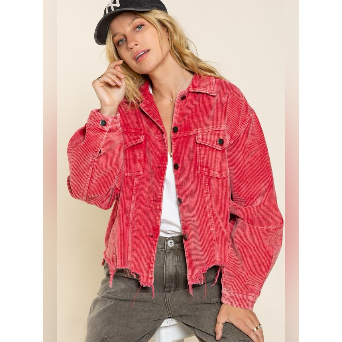 🆕 POL Raw Hem Front Button Down Corduroy Trucker Jacket SZ MED
