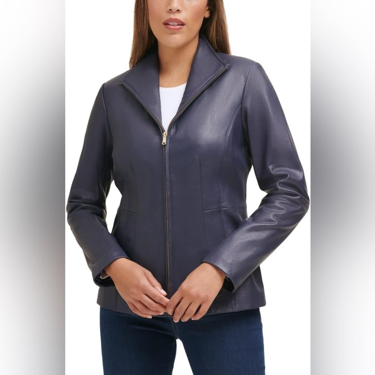 Cole Haan Navy Wing Collar Faux Leather Leather‎ Jacket SZ SM