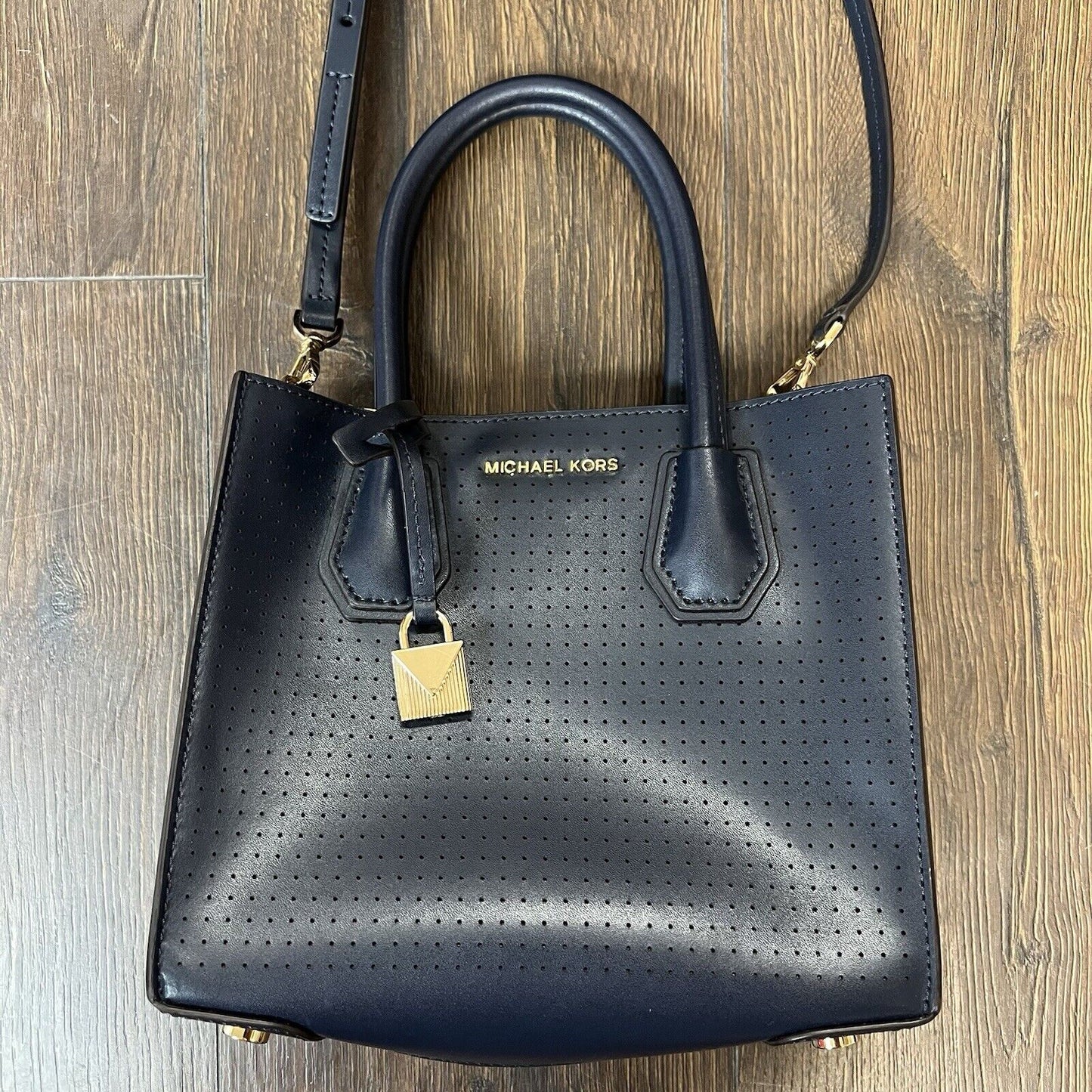 Michael Kors Mercer Perforated Leather Crossbody Bag-Navy