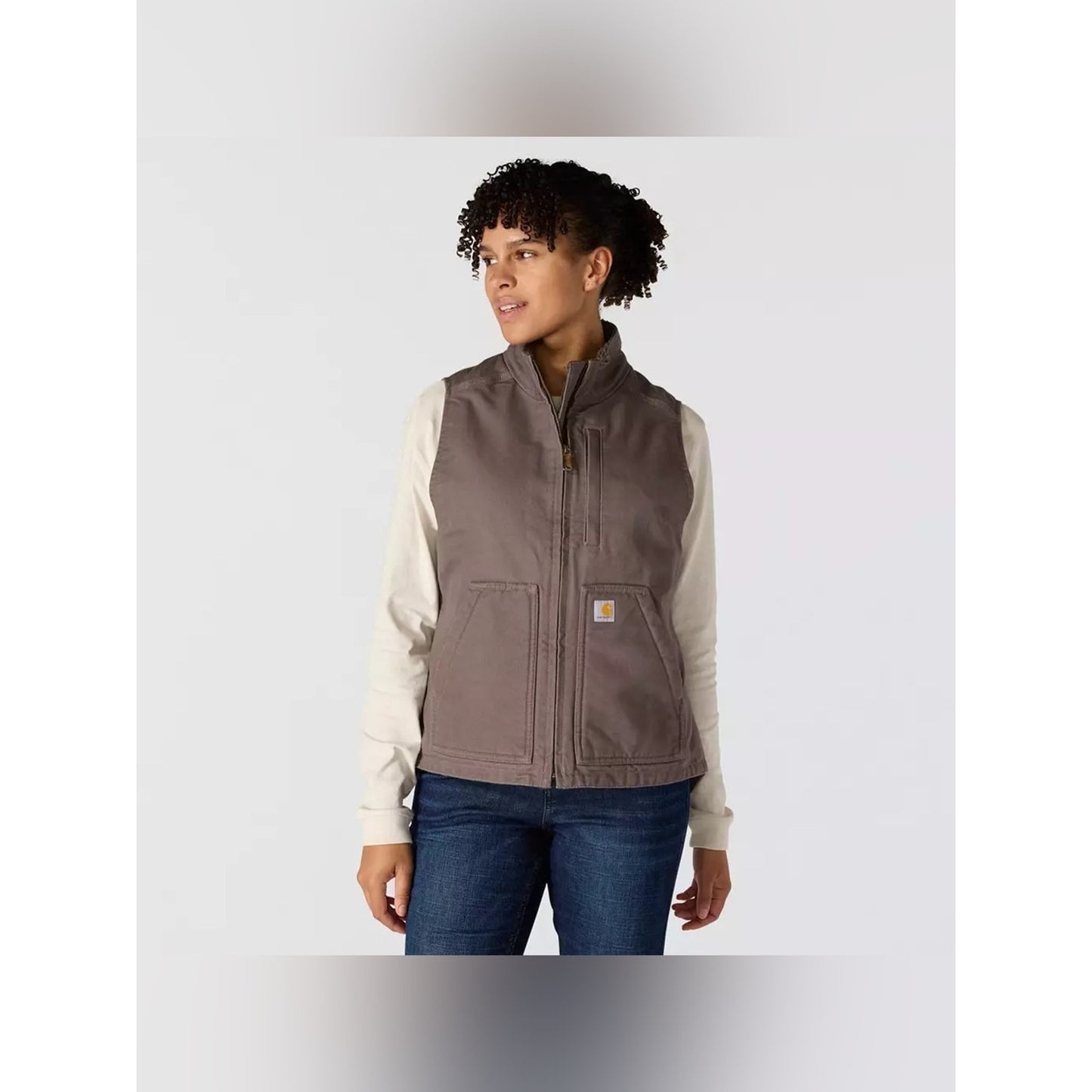 Carhartt Relaxed Fit Washed Duck Sherpa Lined Vest Taupe Grey SZ LG