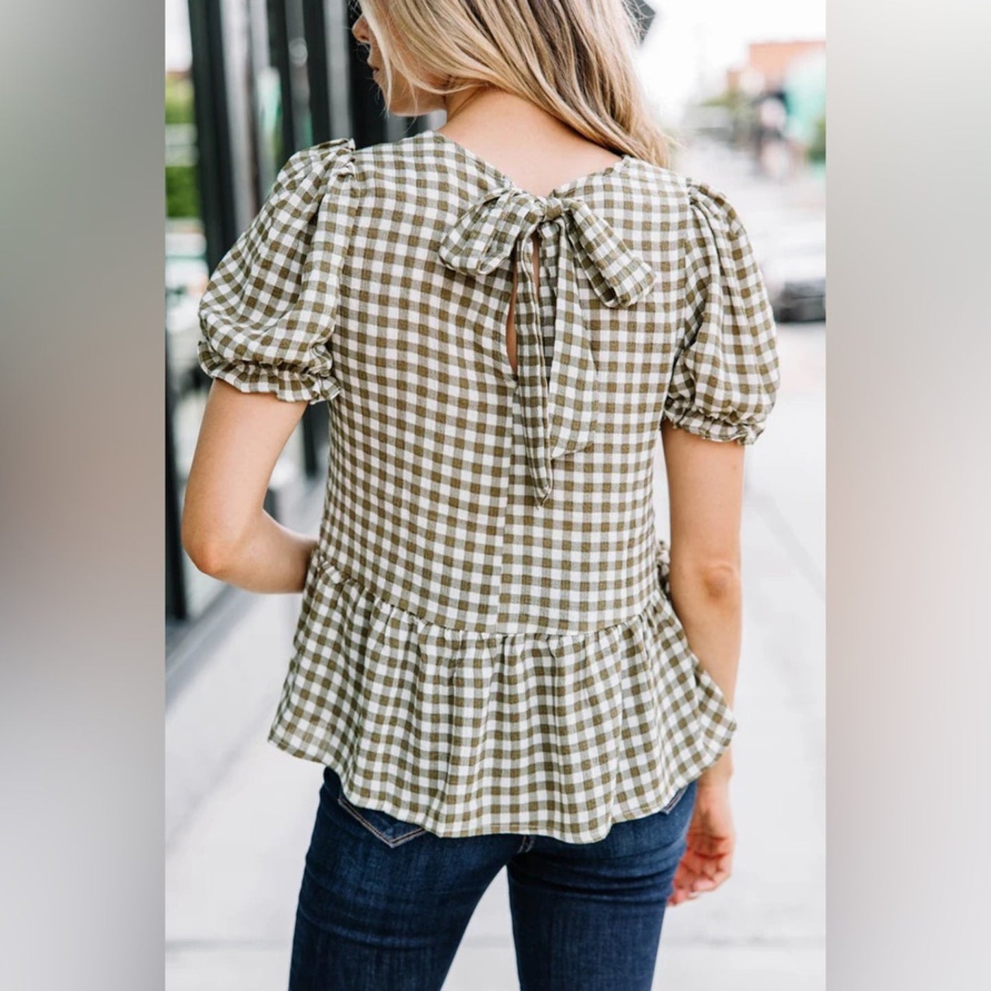 MINE Work For You Olive Green Gingham Top SZ SM