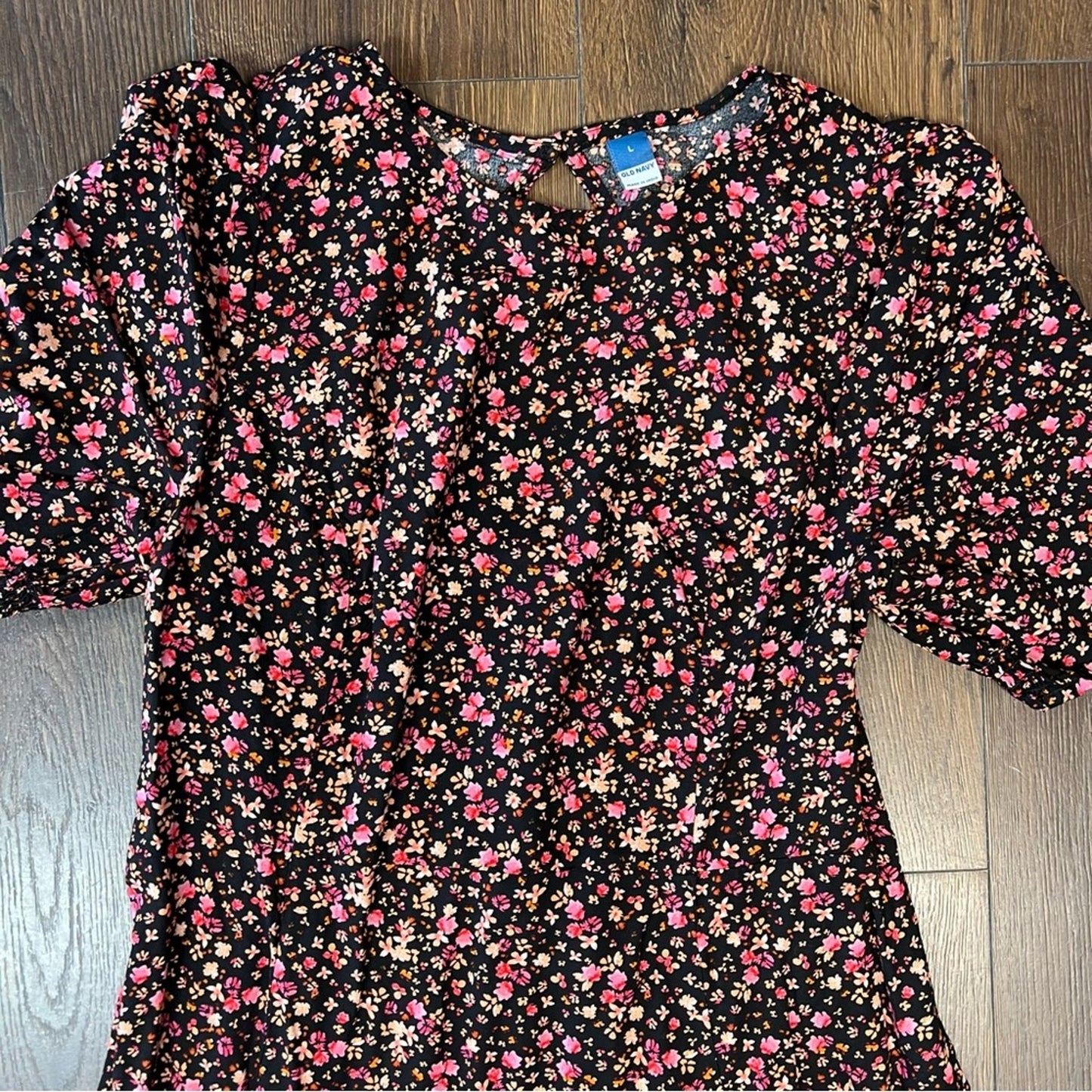 Old navy fit and flare puff sleeve black ditsy floral dress SZ LG