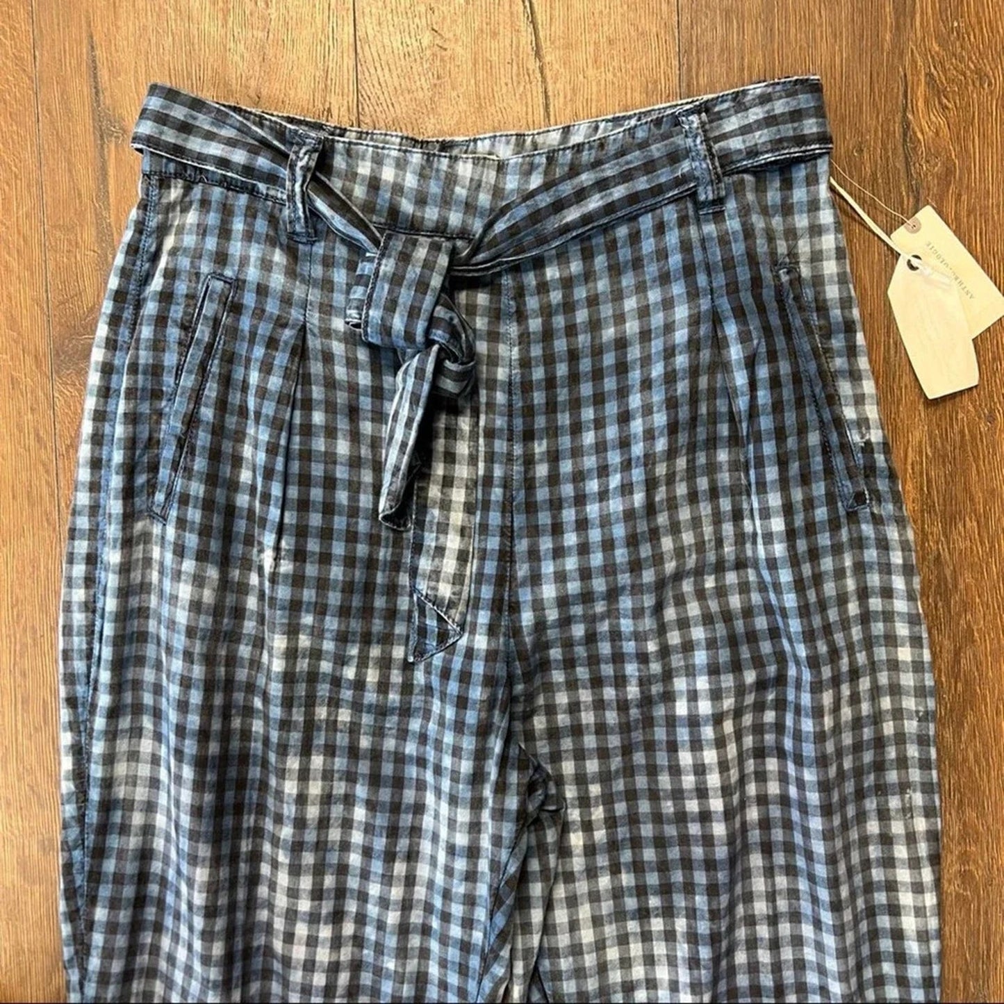 NEW ANTHRO MAEVE gingham picnic bleached slim bow waist pants Size 10