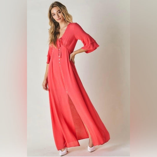 🆕 Davi&Dani coral flare sleeve button front maxi dress SZ SM