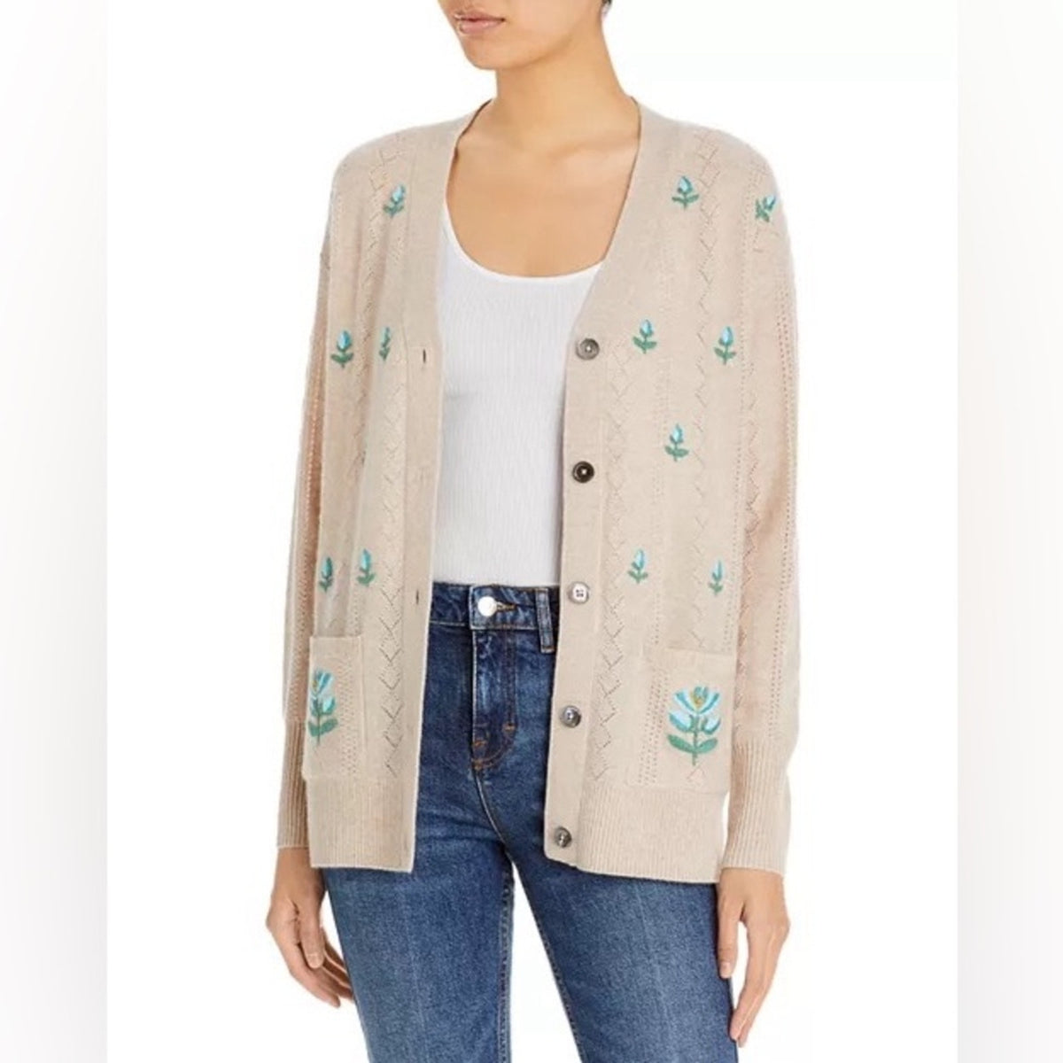 C‎ by Bloomingdale's Cashmere Tan & Blue Floral Grandfather Cardigan SZ SM