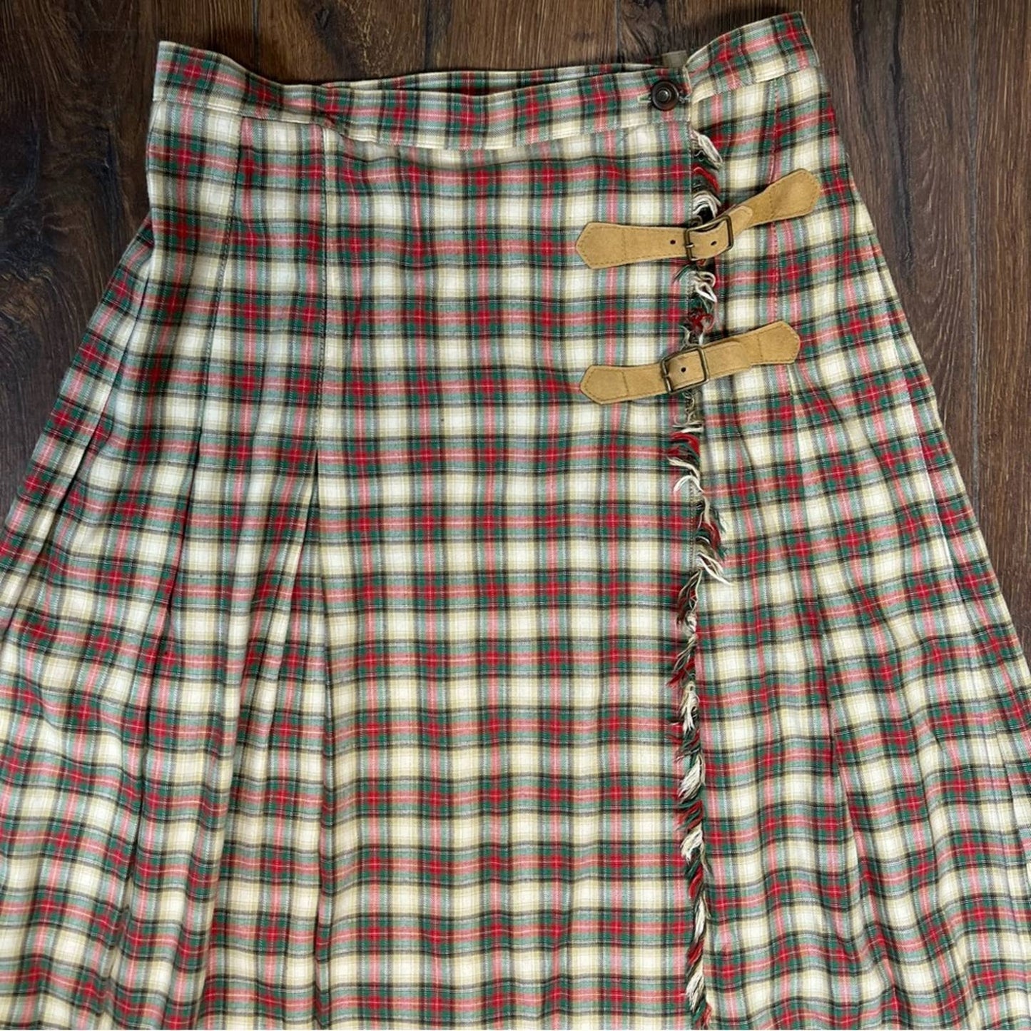 Susan Bristol Vintage plaid gingham tartan kilt style wrap buckles skirt SZ 8