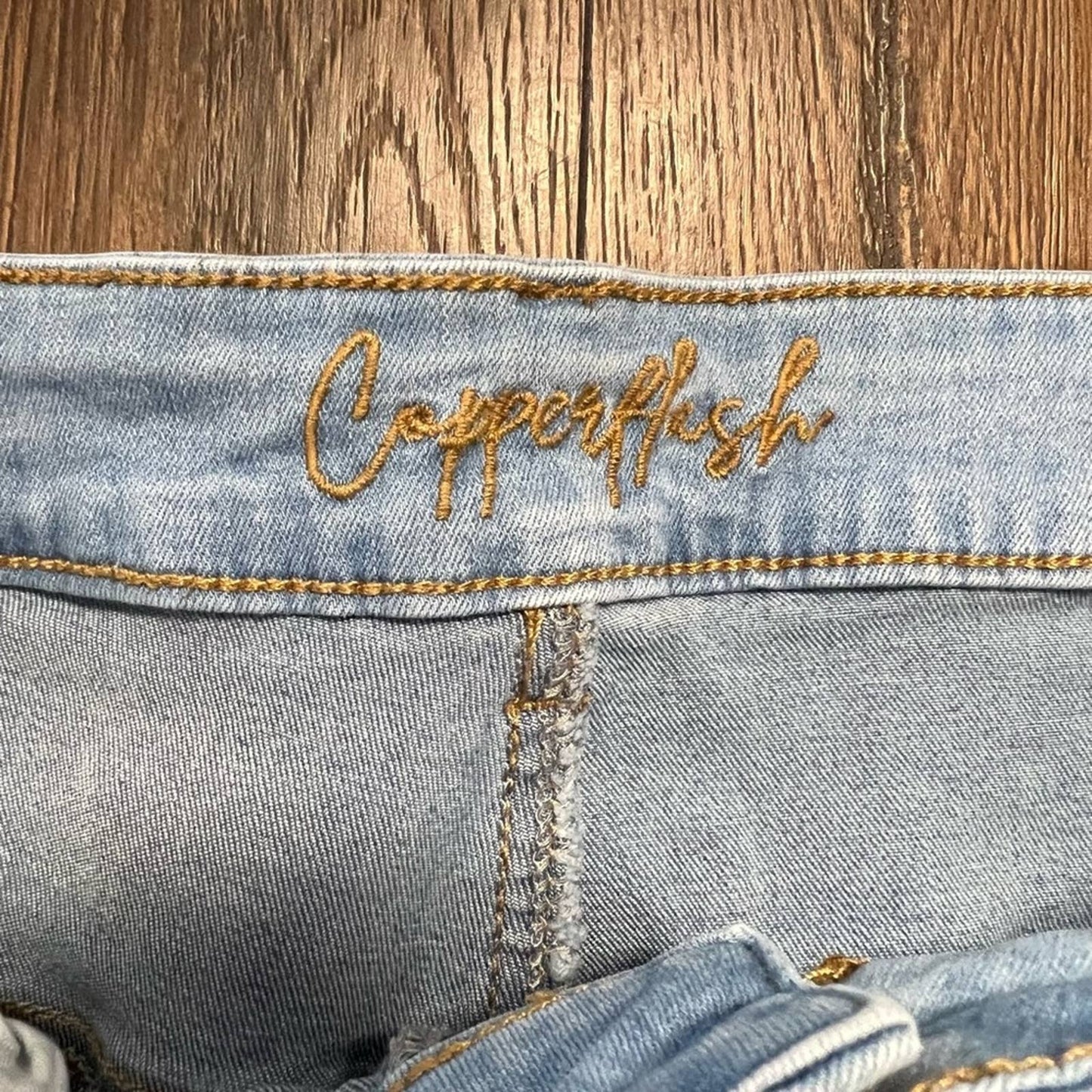 Copper Hash two tone high rise Spliced slim straight jean SZ 10