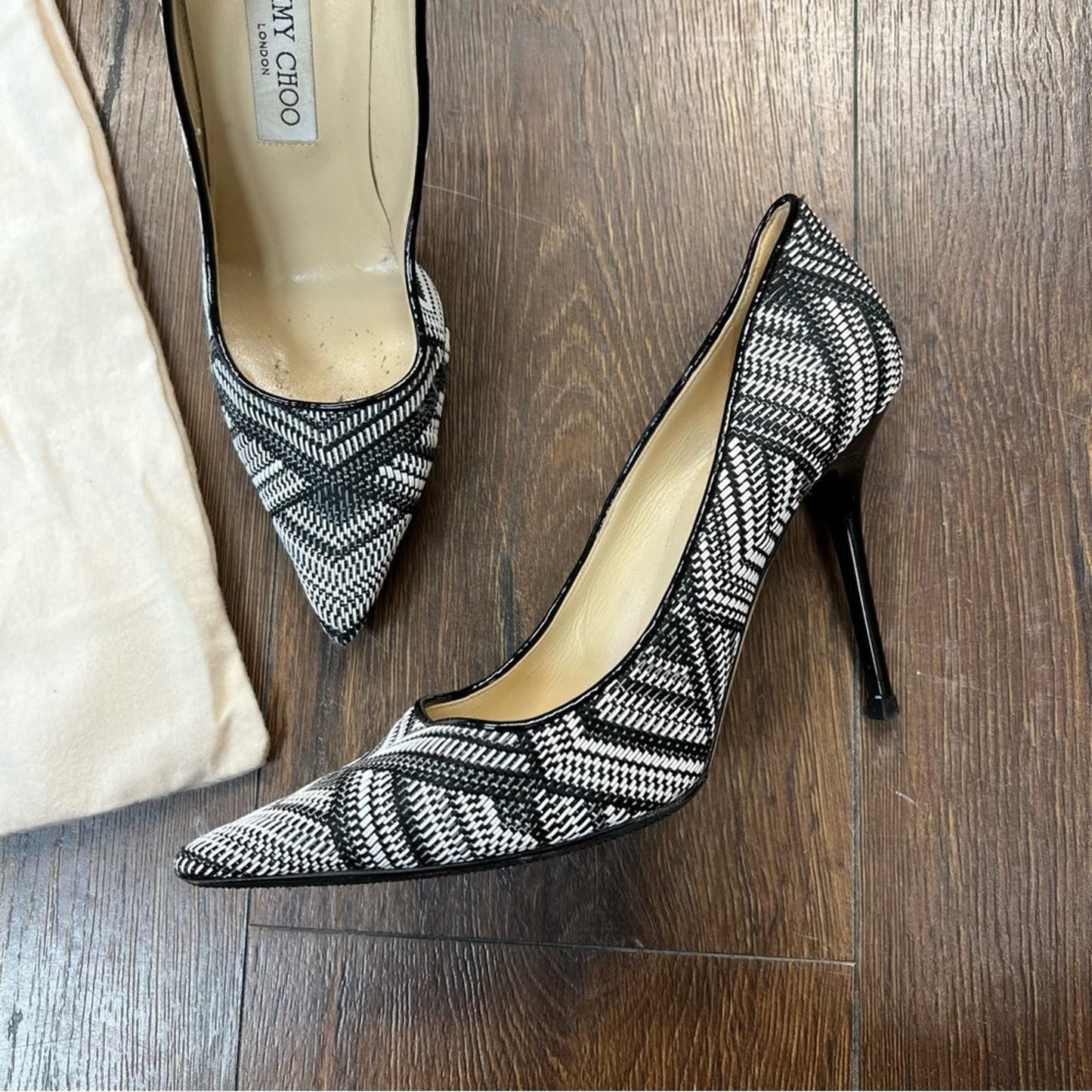 Jimmy Choo Abel Pointed Woven Fabric Pumps In Black White SZ 38