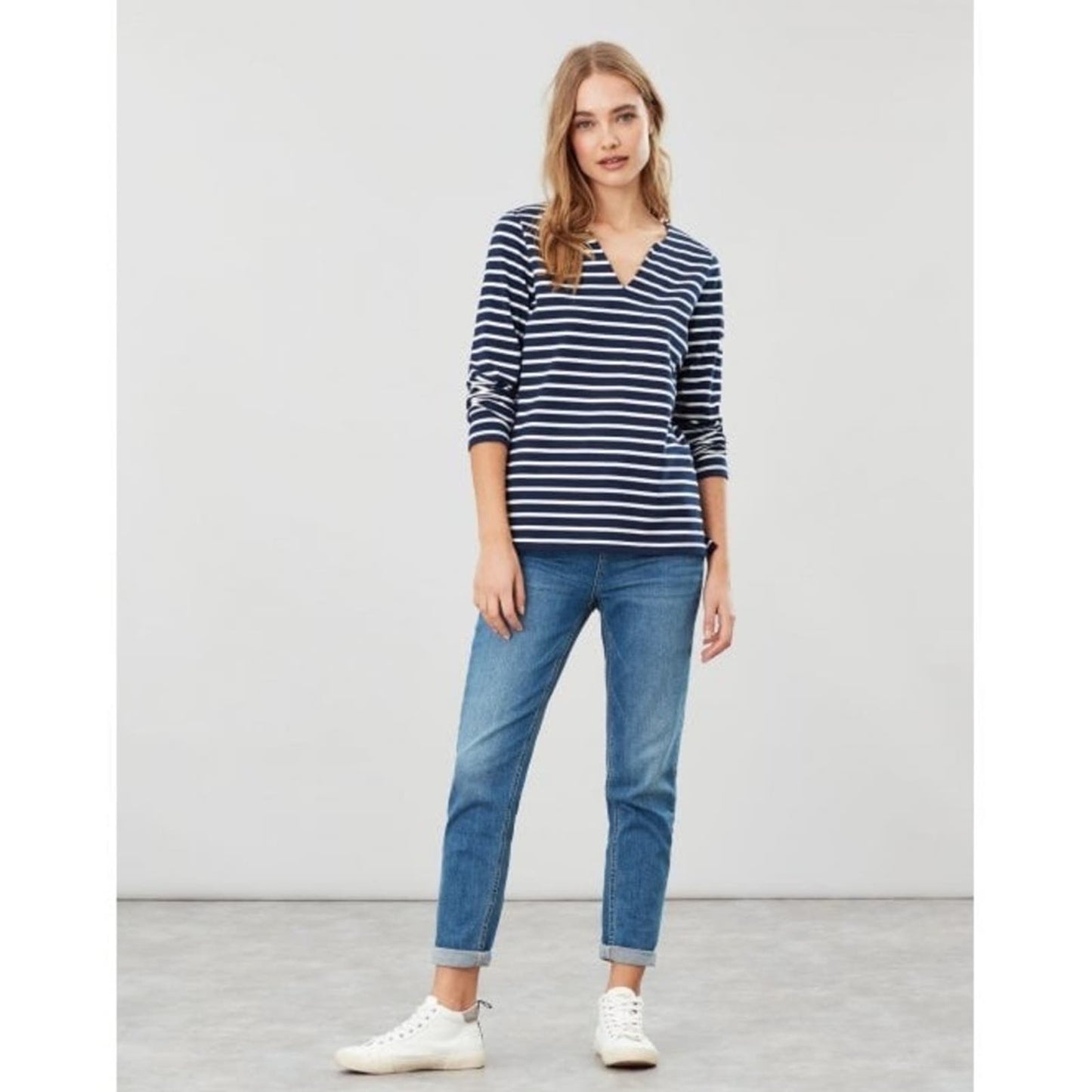 JOULES Harbour Notch Neck Womens Notch Neck Jersey Top - Navy Cream Stripe SZ 8
