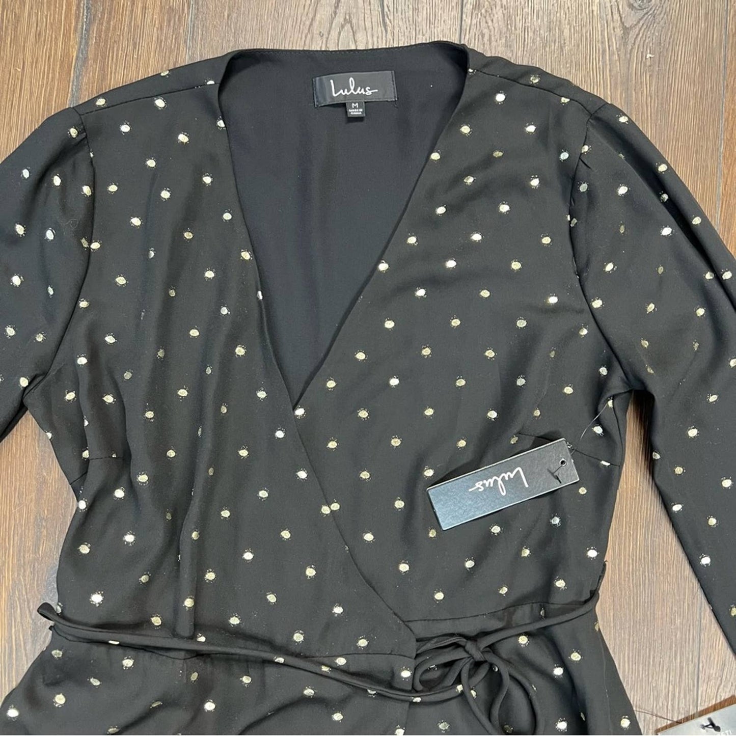 🆕 Lulu’s Wandering Soul Gold and Black Polka Dot Wrap Dress SZ MED