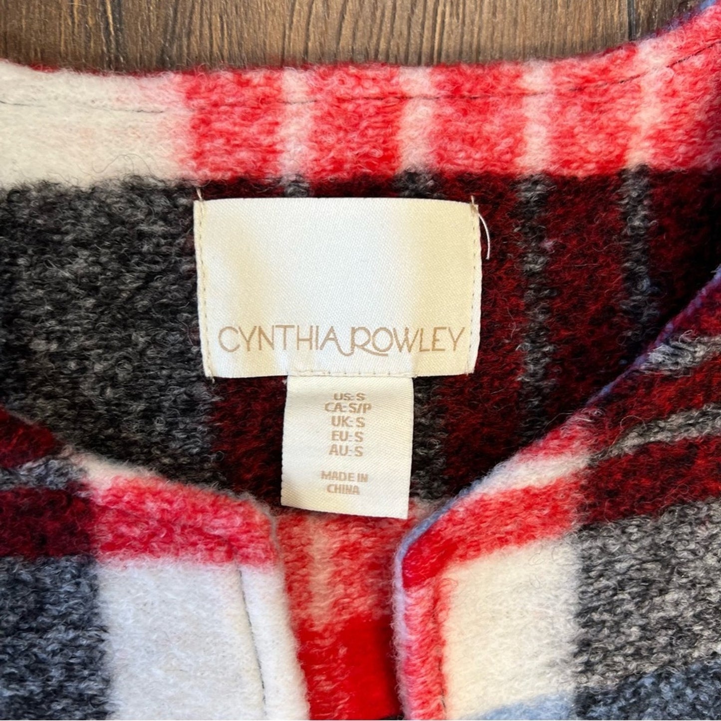 CYNTHIA ROWLEY Crew Neck Red Multicolor Plaid Wool Blend Tweed Coat SZ SM