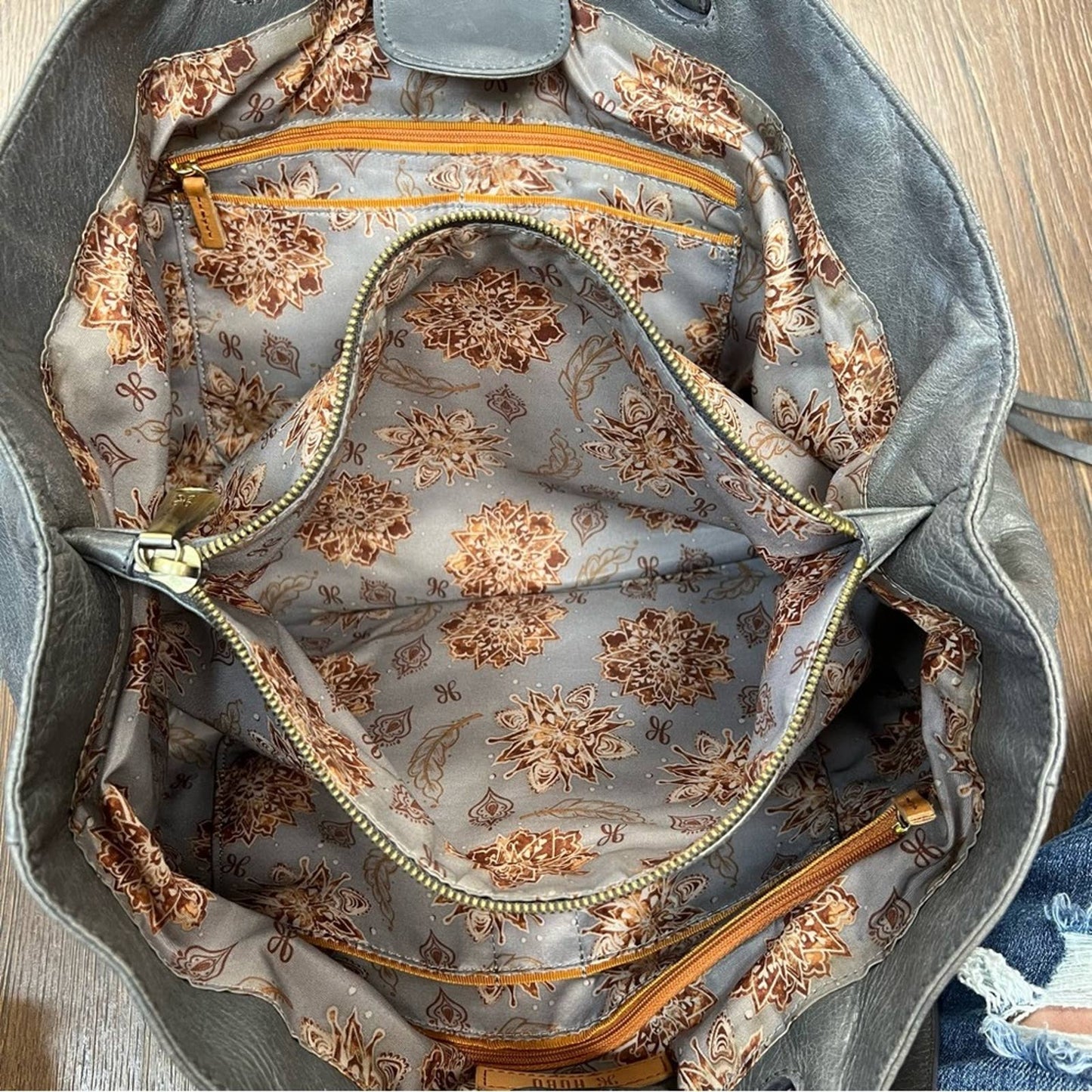 HOBO gray polished leather tote bag