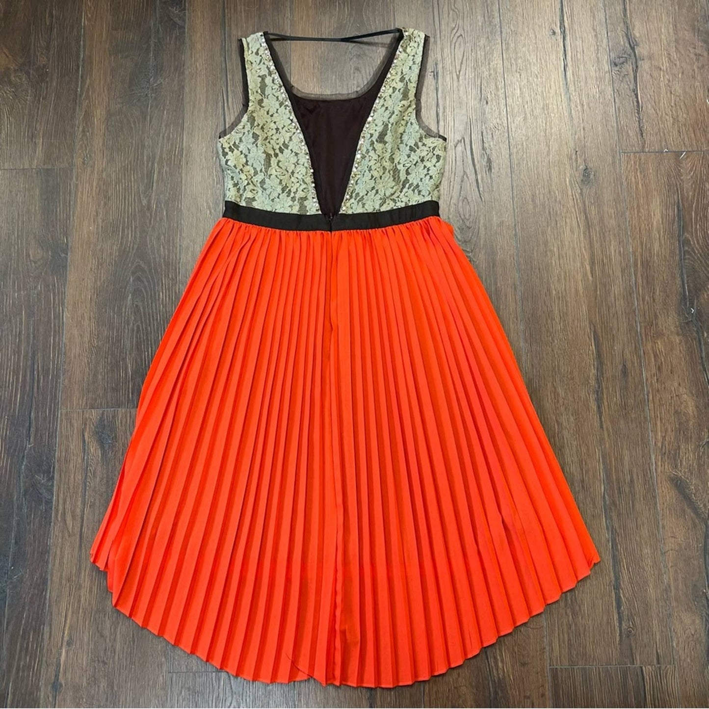 Ryu brown & orange pleated lace dress SZ LG