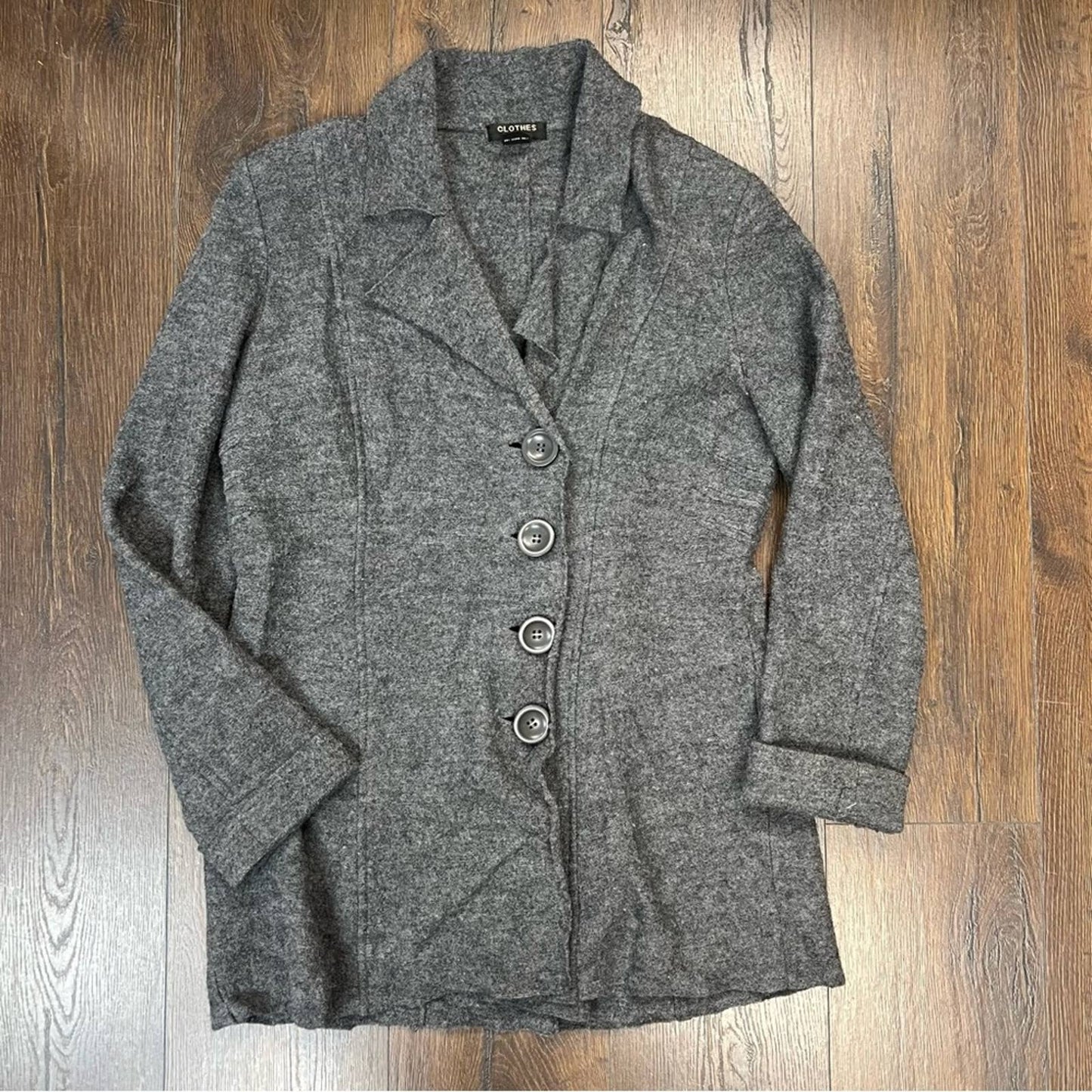 Clothes by REVUE gray button up 100% wool sweater blazer SZ LG