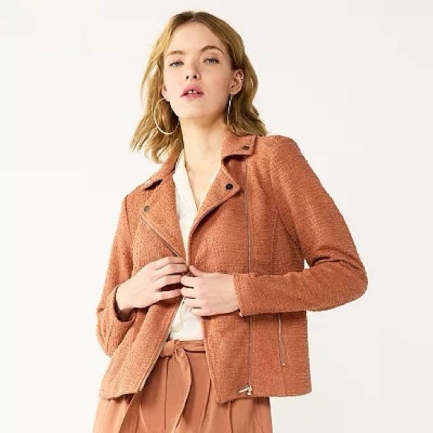 Nine West Textured Knit Moto Jacket- mocha frosting color SZ XS