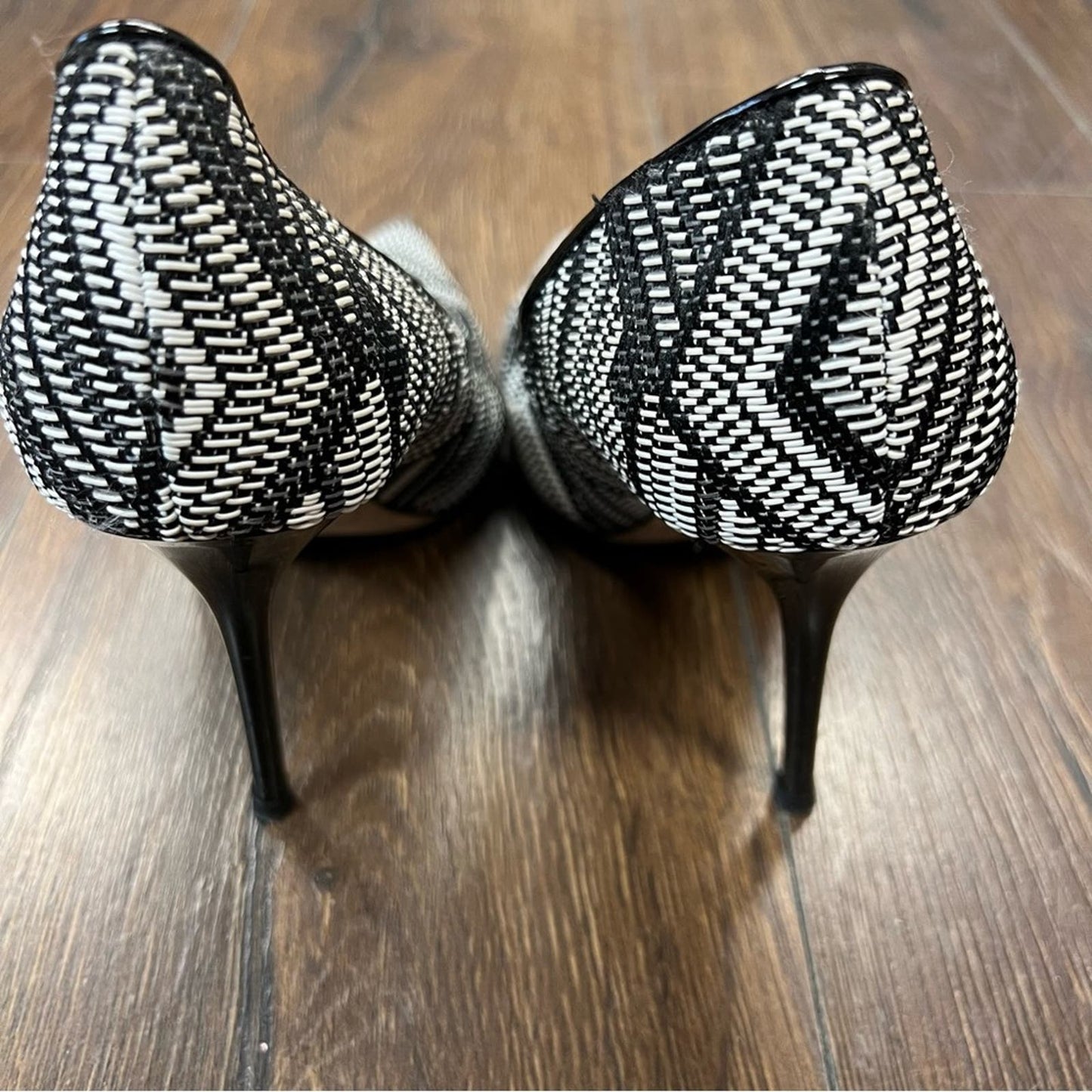 Jimmy Choo Abel Pointed Woven Fabric Pumps In Black White SZ 38