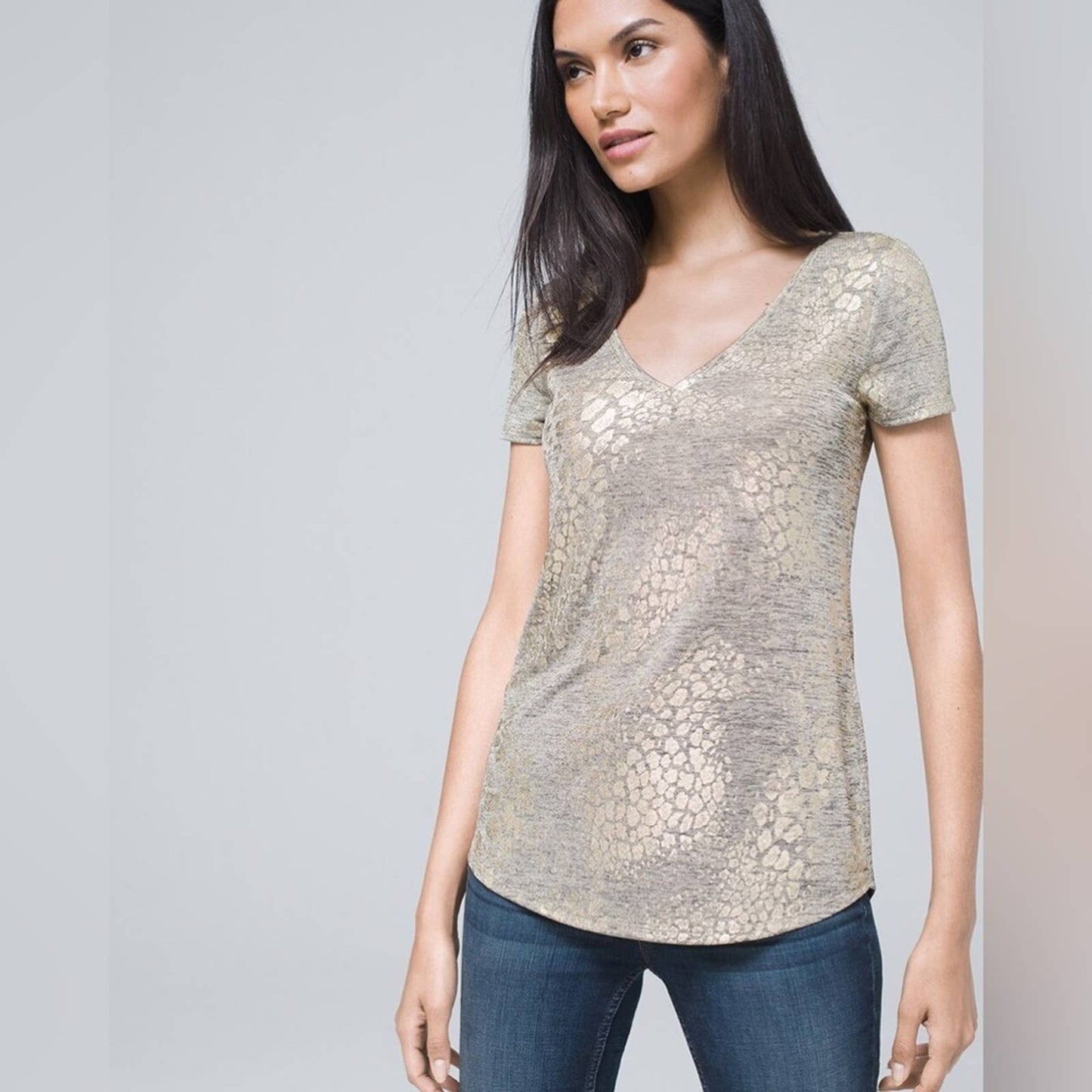 White House black market Metallic-Print V-Neck Tee SZ XL