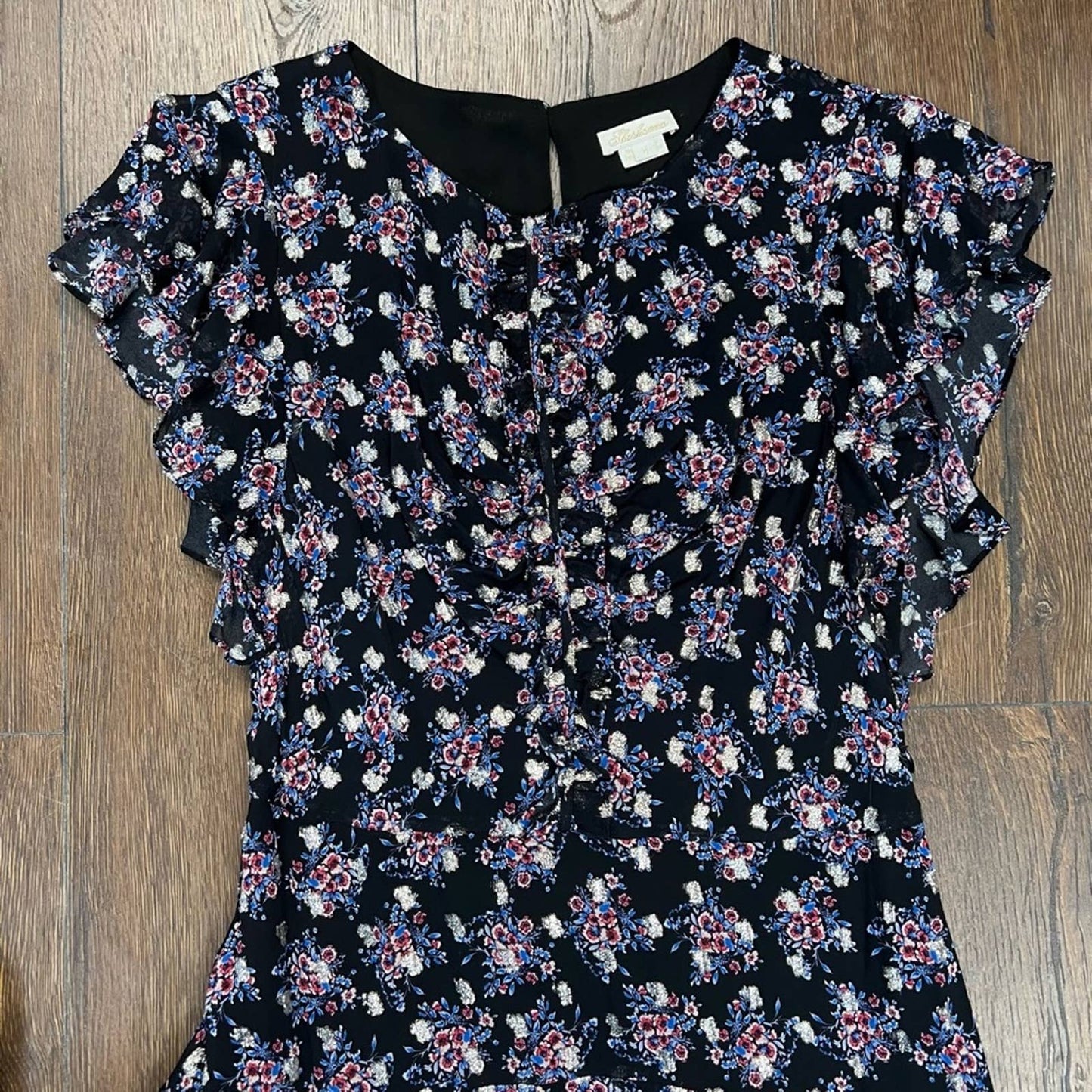 Shoshanna MAISIE CEDAR FLORAL METALLIC-PRINT FLUTTER-SLEEVE DRESS SZ 8