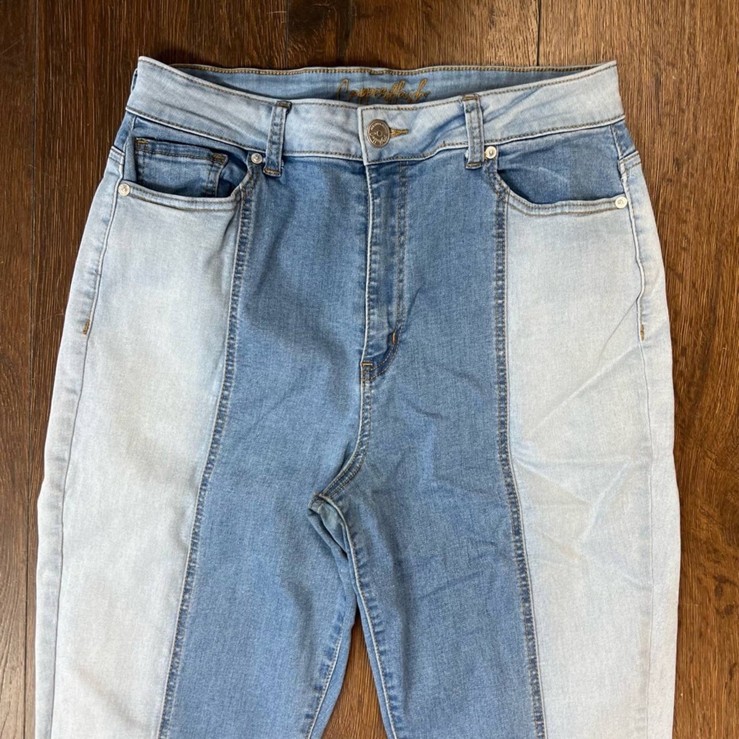 Copper Hash two tone high rise Spliced slim straight jean SZ 10