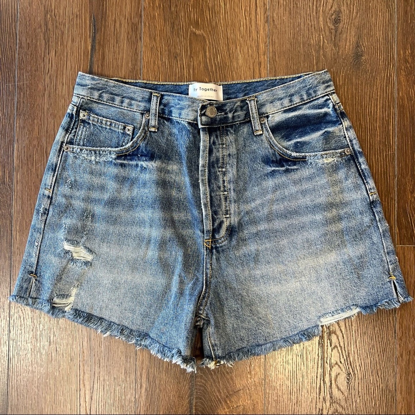 By together Button fly distressed side slit frayed raw hem denim shorts SZ LG