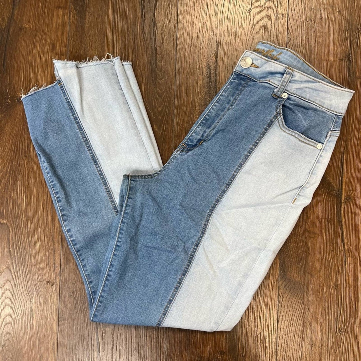 Copper Hash two tone high rise Spliced slim straight jean SZ 10