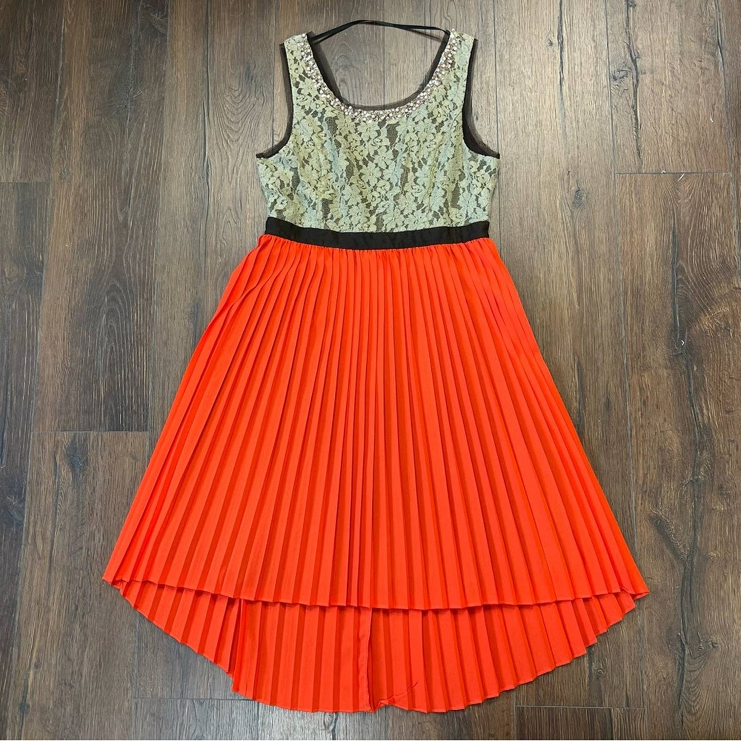 Ryu brown & orange pleated lace dress SZ LG
