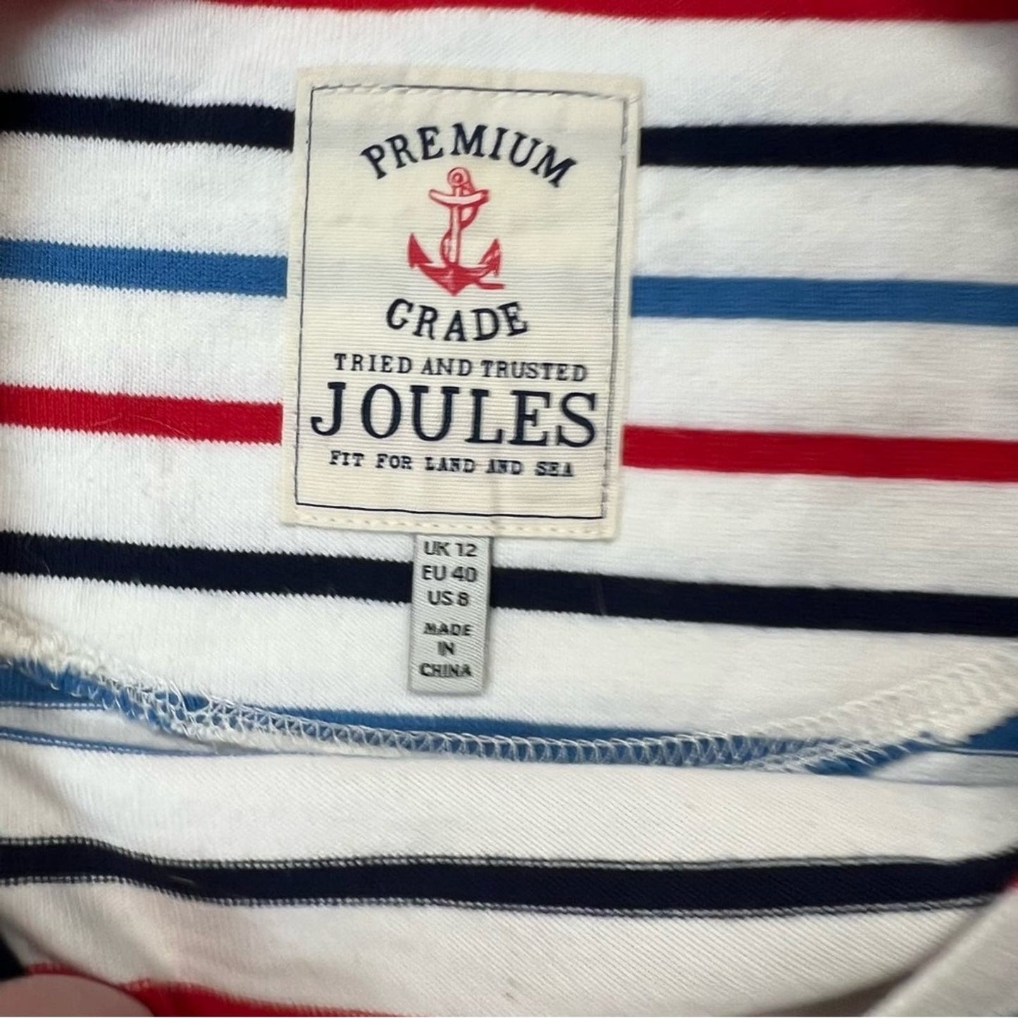 Joules Harbour Long Sleeve Jersey Top Cream Navy Red Blue SZ 8