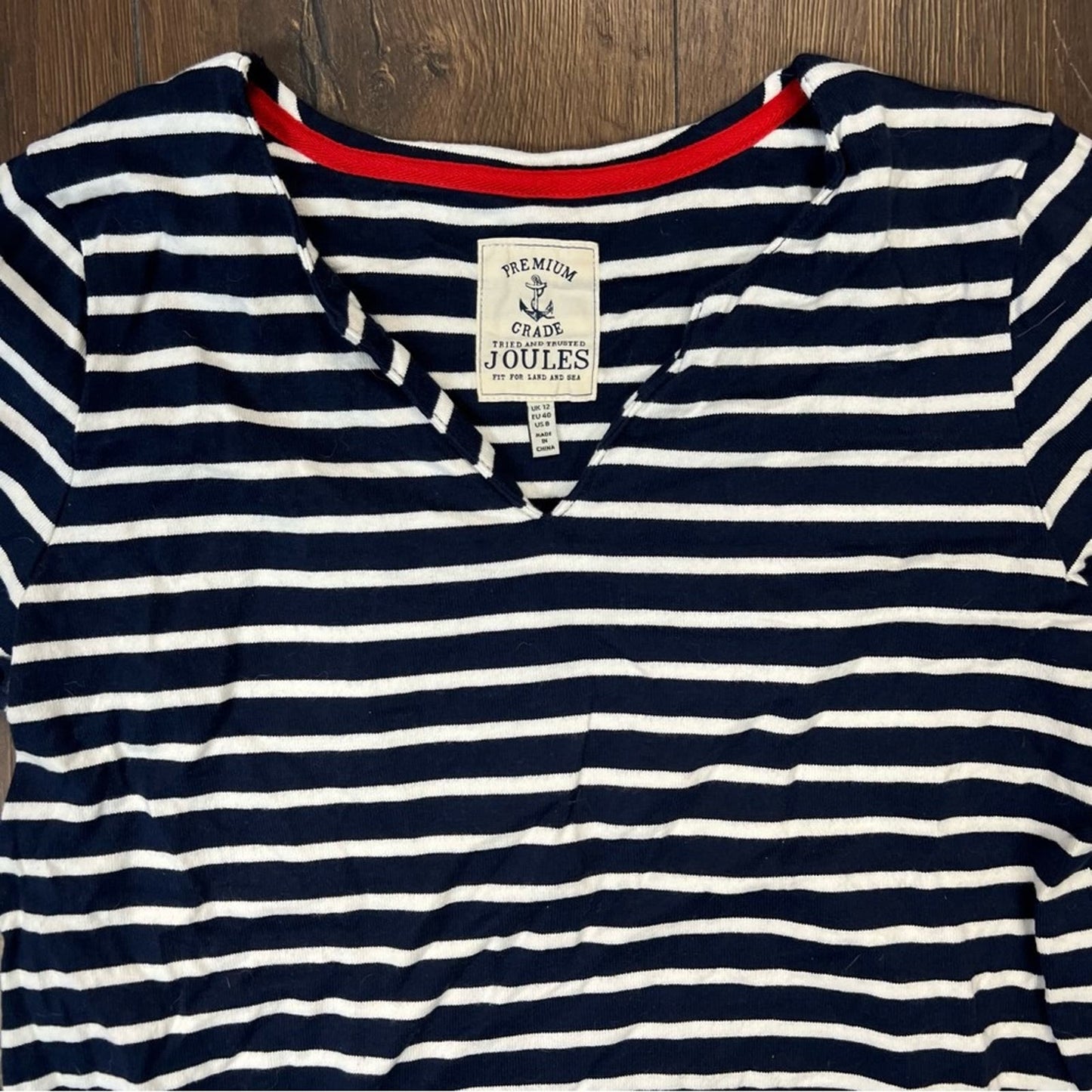 JOULES Harbour Notch Neck Womens Notch Neck Jersey Top - Navy Cream Stripe SZ 8