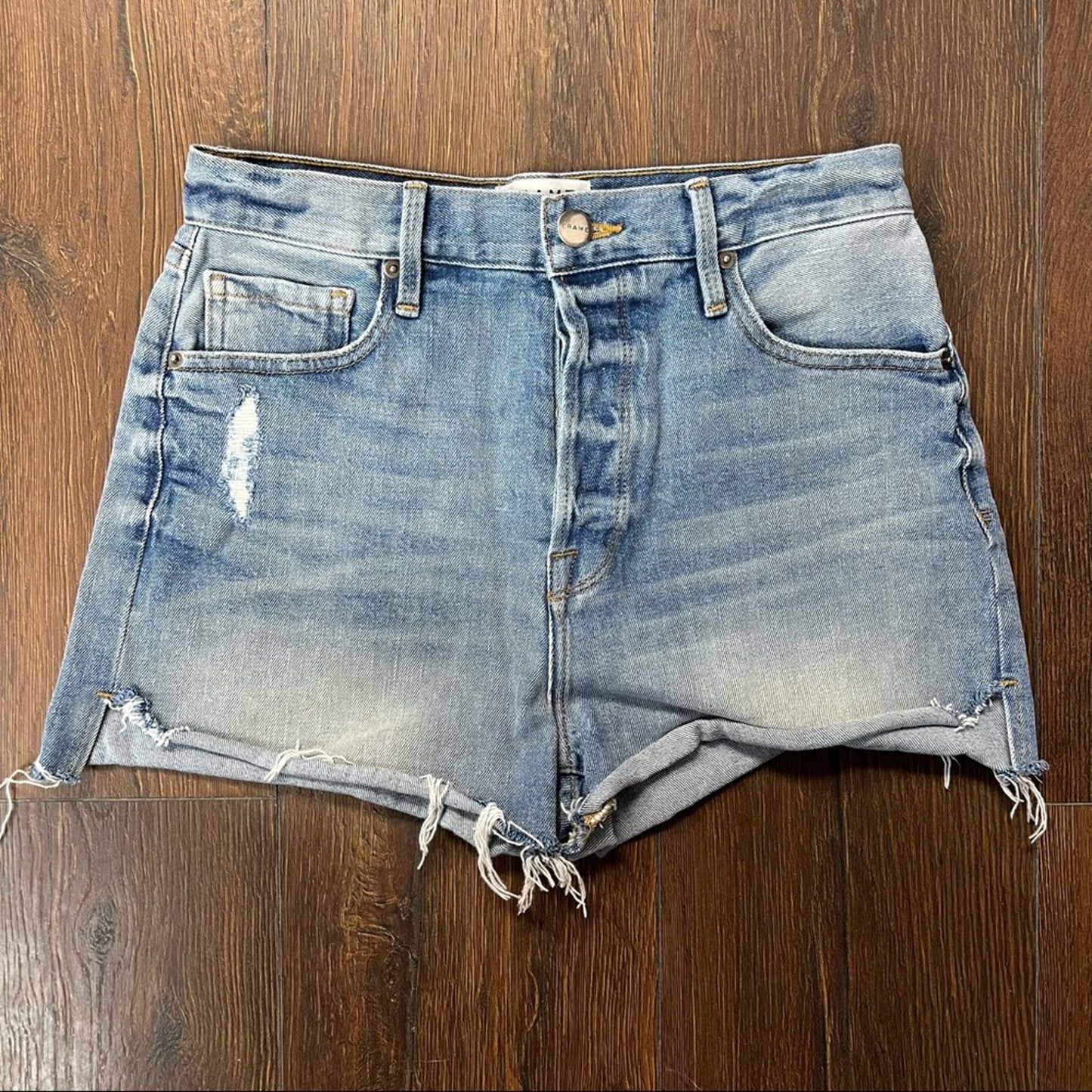 FRAME Denim Le Original High-Rise Denim Shorts with Tulip Hem, Chloe SZ 26/2