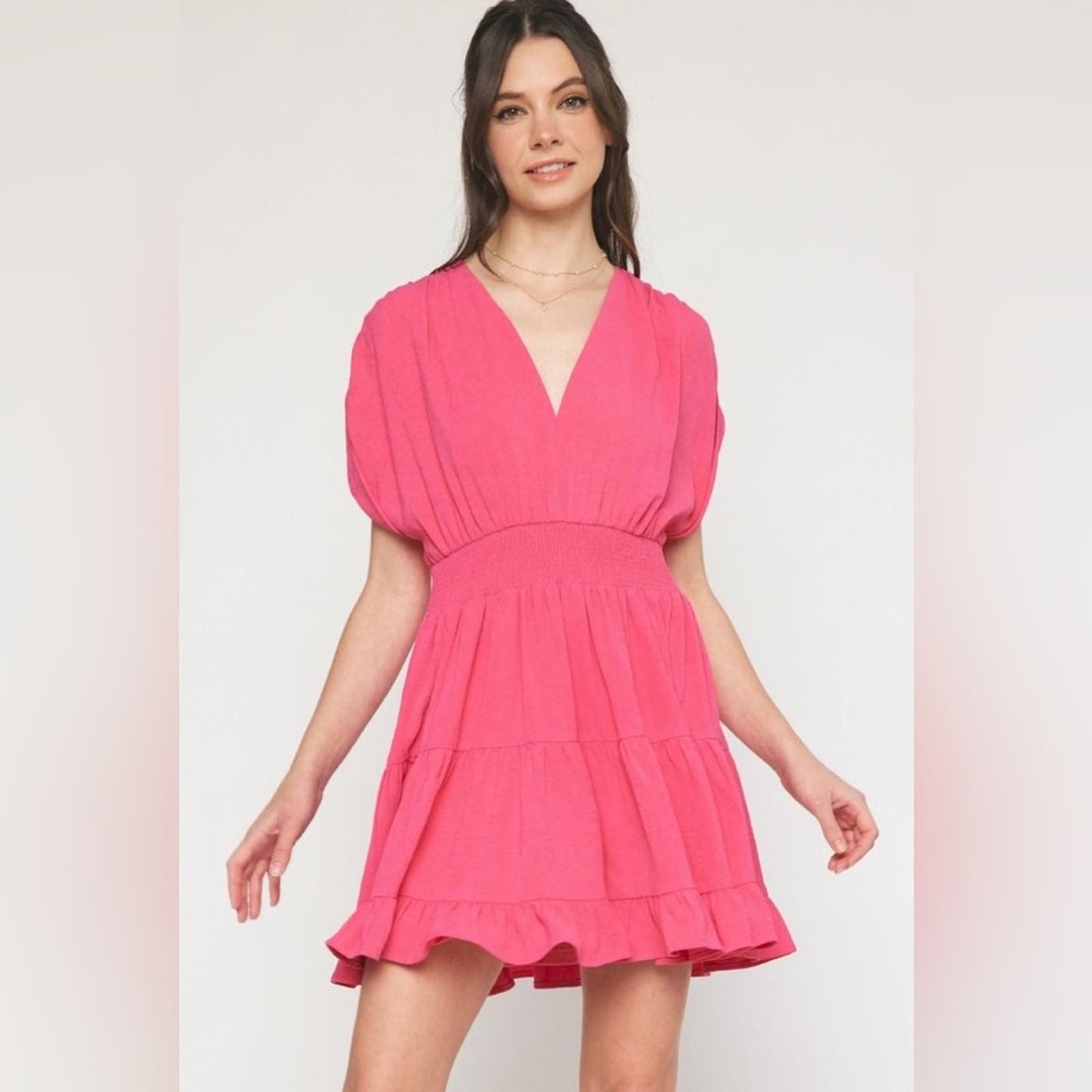 ENTRO Royalty's V-neck Tiered Dress Pink SZ LG