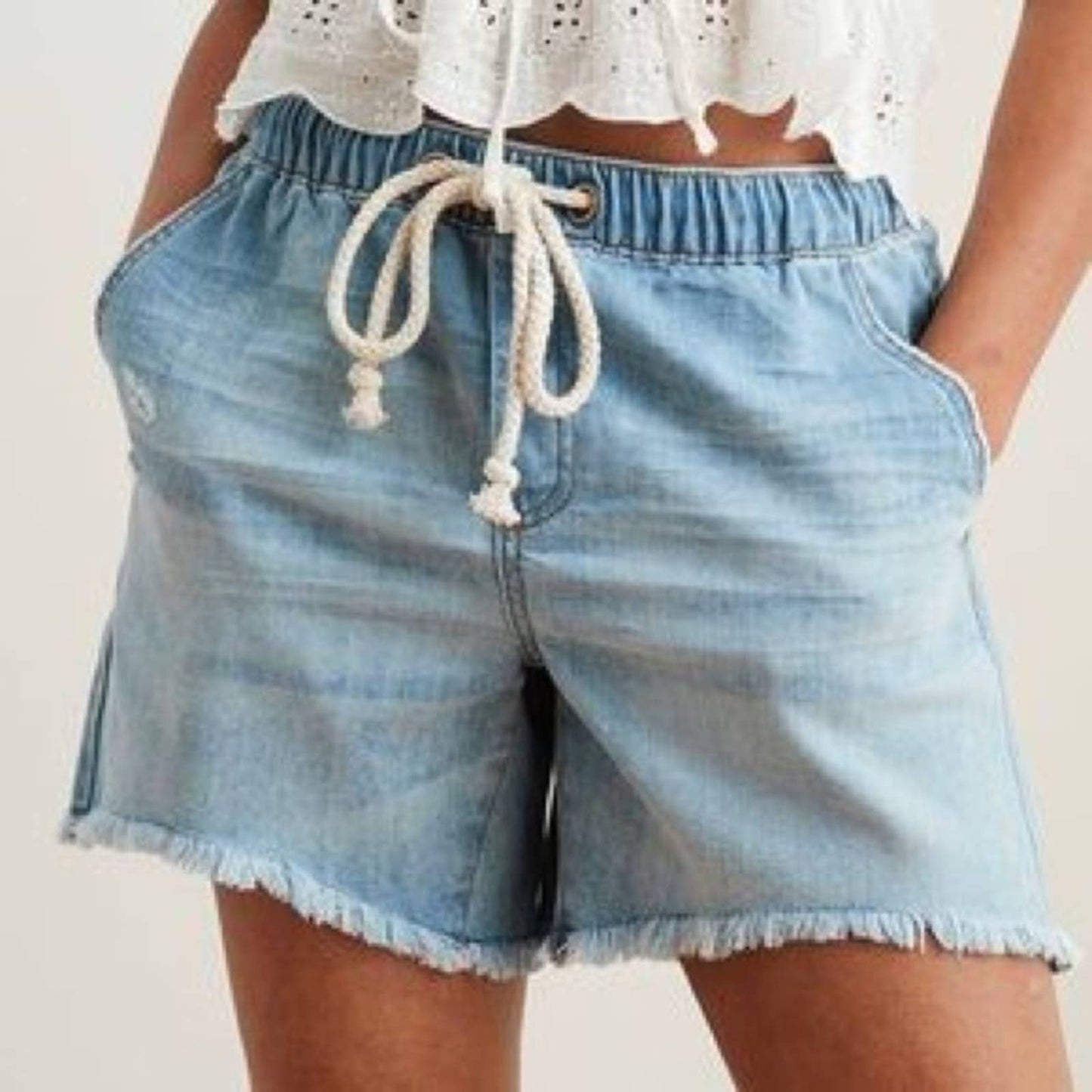 AERIE Distressed Frayed Hem Drawstring Waist Boyfriend Jean Shorts Size SM