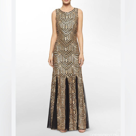 Calvin Klein A-line Sleeveless Boat Neck Long gold sequin Party Dress. SZ 12