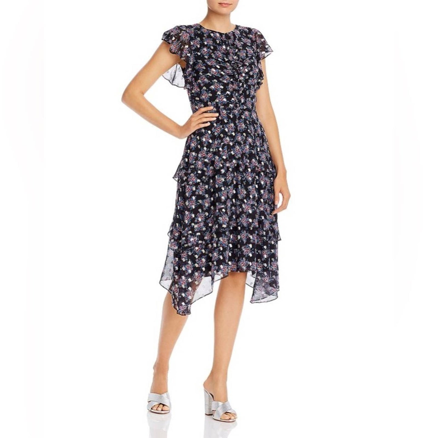 Shoshanna MAISIE CEDAR FLORAL METALLIC-PRINT FLUTTER-SLEEVE DRESS SZ 8