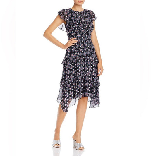 Shoshanna MAISIE CEDAR FLORAL METALLIC-PRINT FLUTTER-SLEEVE DRESS SZ 8