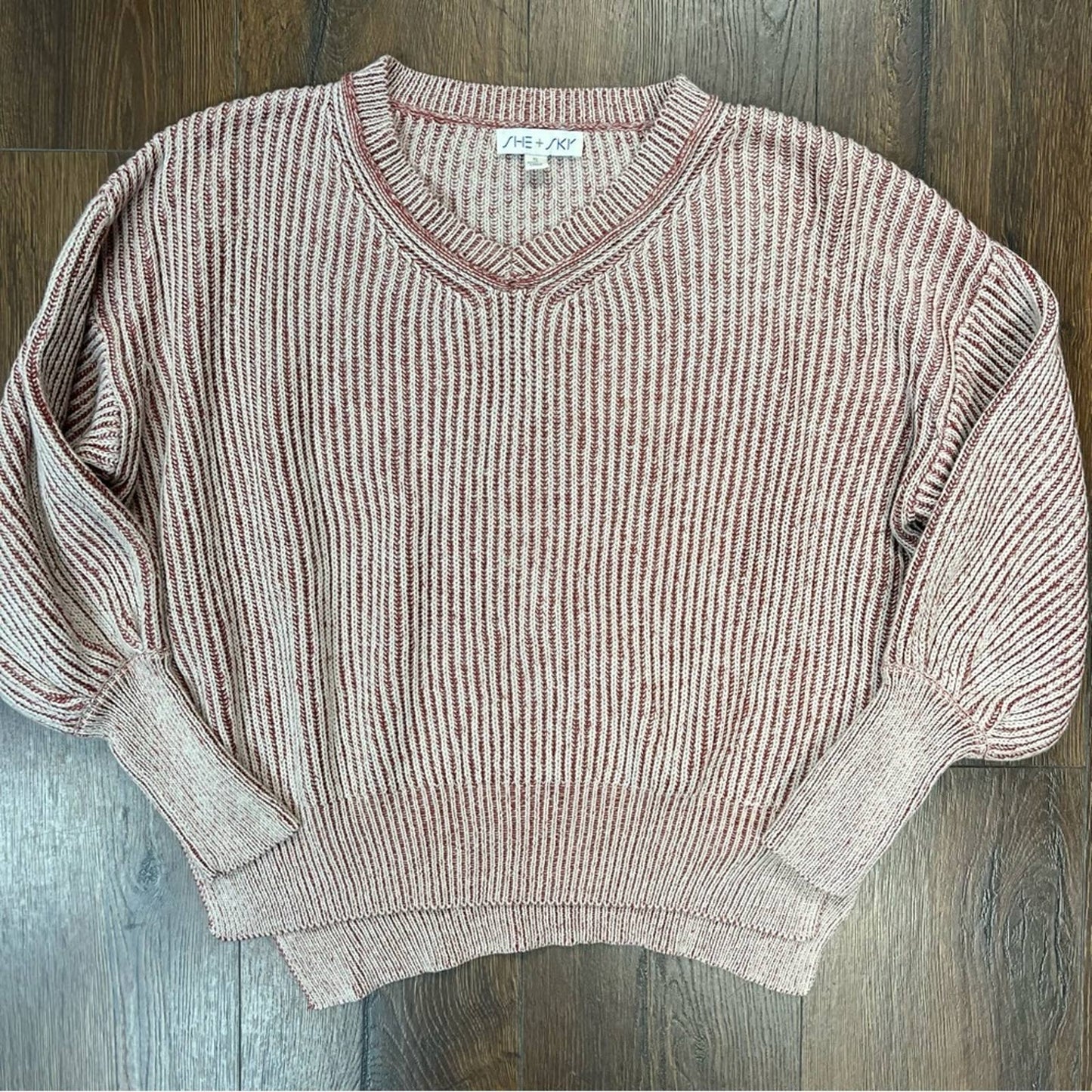 She + Sky mauve ribbed v neck sweater SZ SM