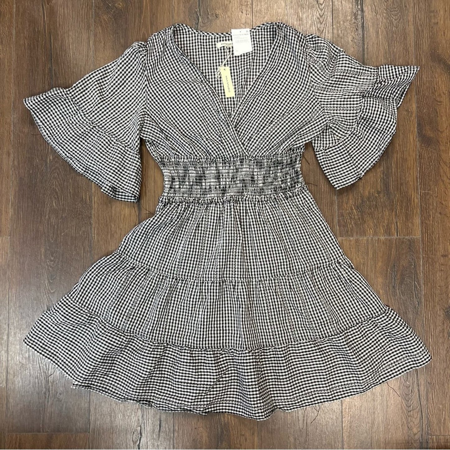 🆕 Max studio gingham black and cream flutter sleeve dress SZ LG