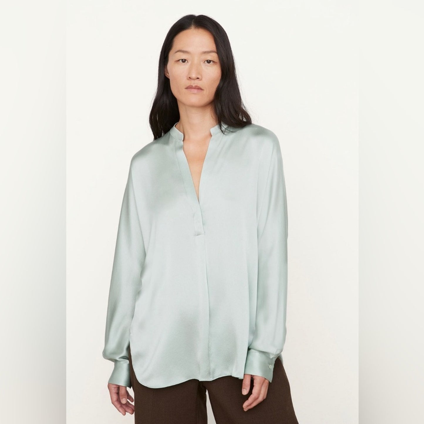 Vince Band Collar Long Sleeve Blouse in Mint Glass SZ SM