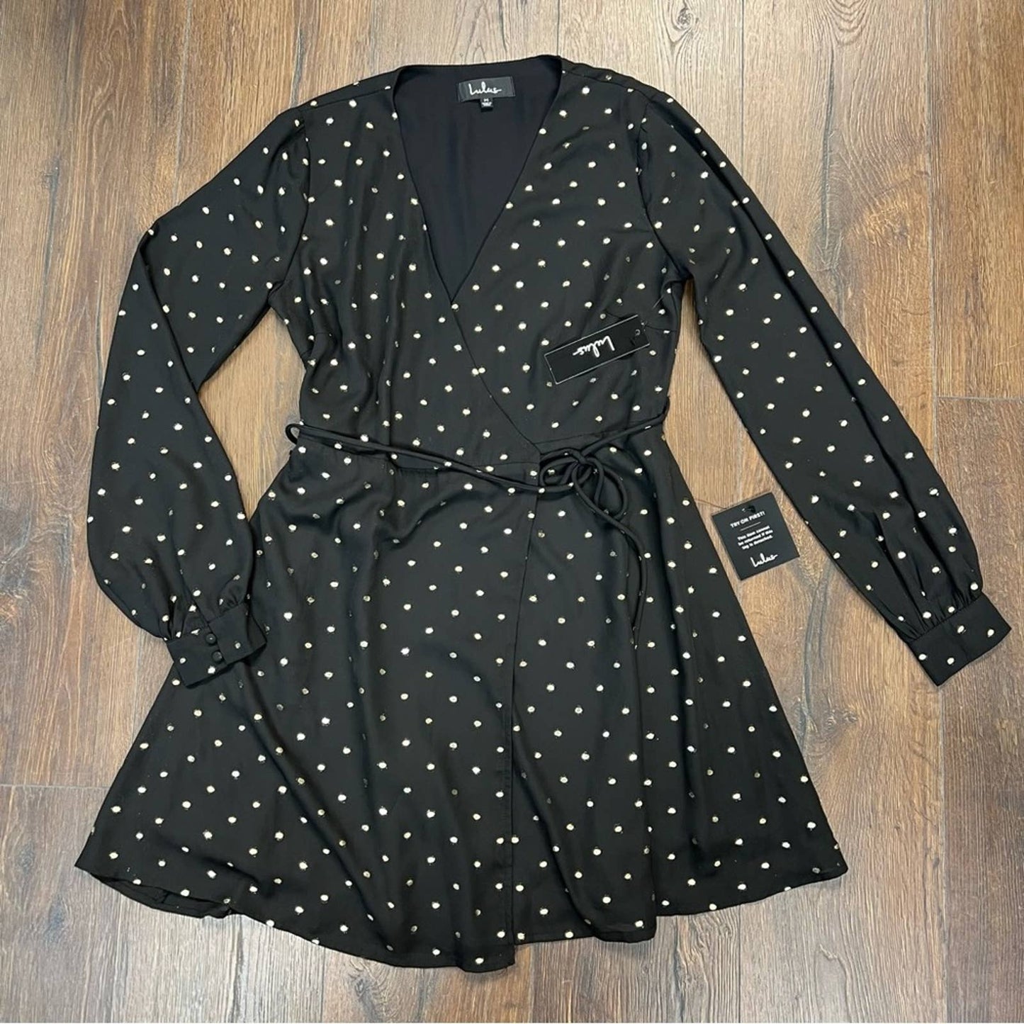 🆕 Lulu’s Wandering Soul Gold and Black Polka Dot Wrap Dress SZ MED