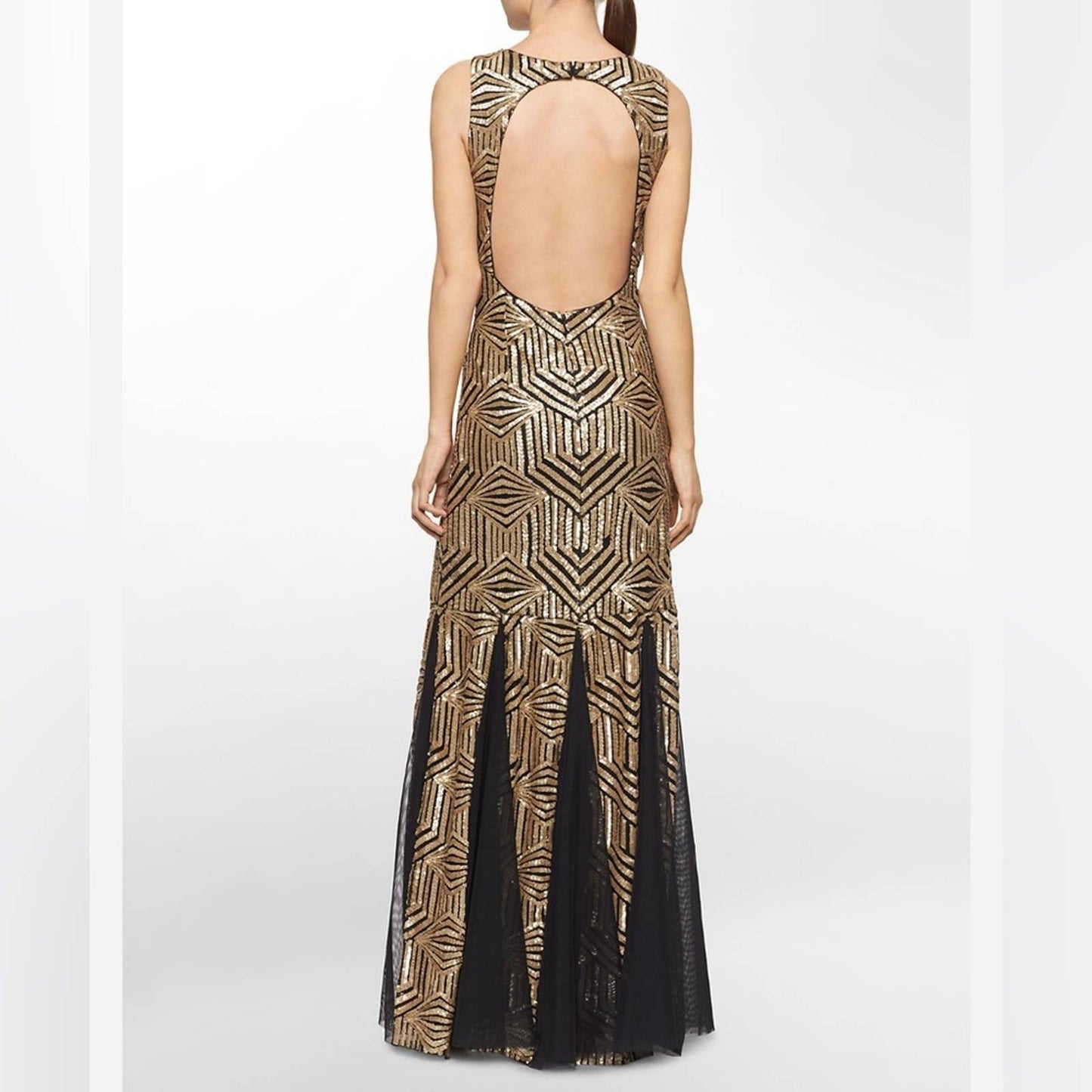Calvin Klein A-line Sleeveless Boat Neck Long gold sequin Party Dress. SZ 12