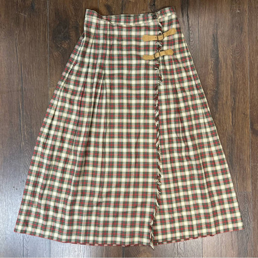 Susan Bristol Vintage plaid gingham tartan kilt style wrap buckles skirt SZ 8